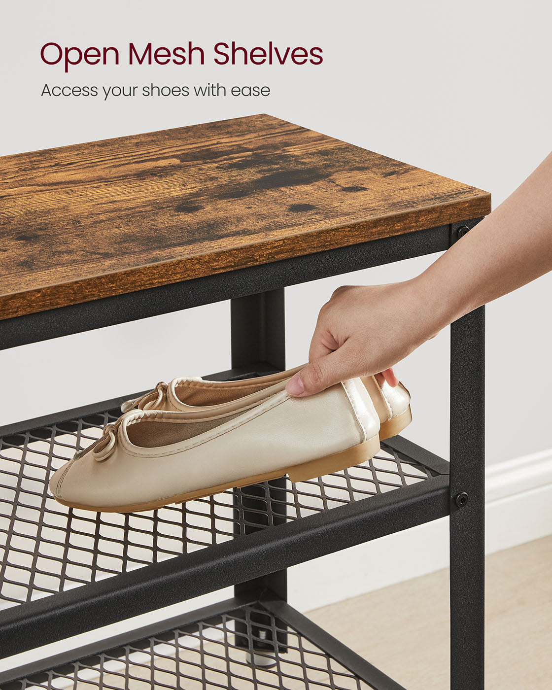 Shoe Bench - Wood - Rustic Brown - 3-Tier Storage with Seating