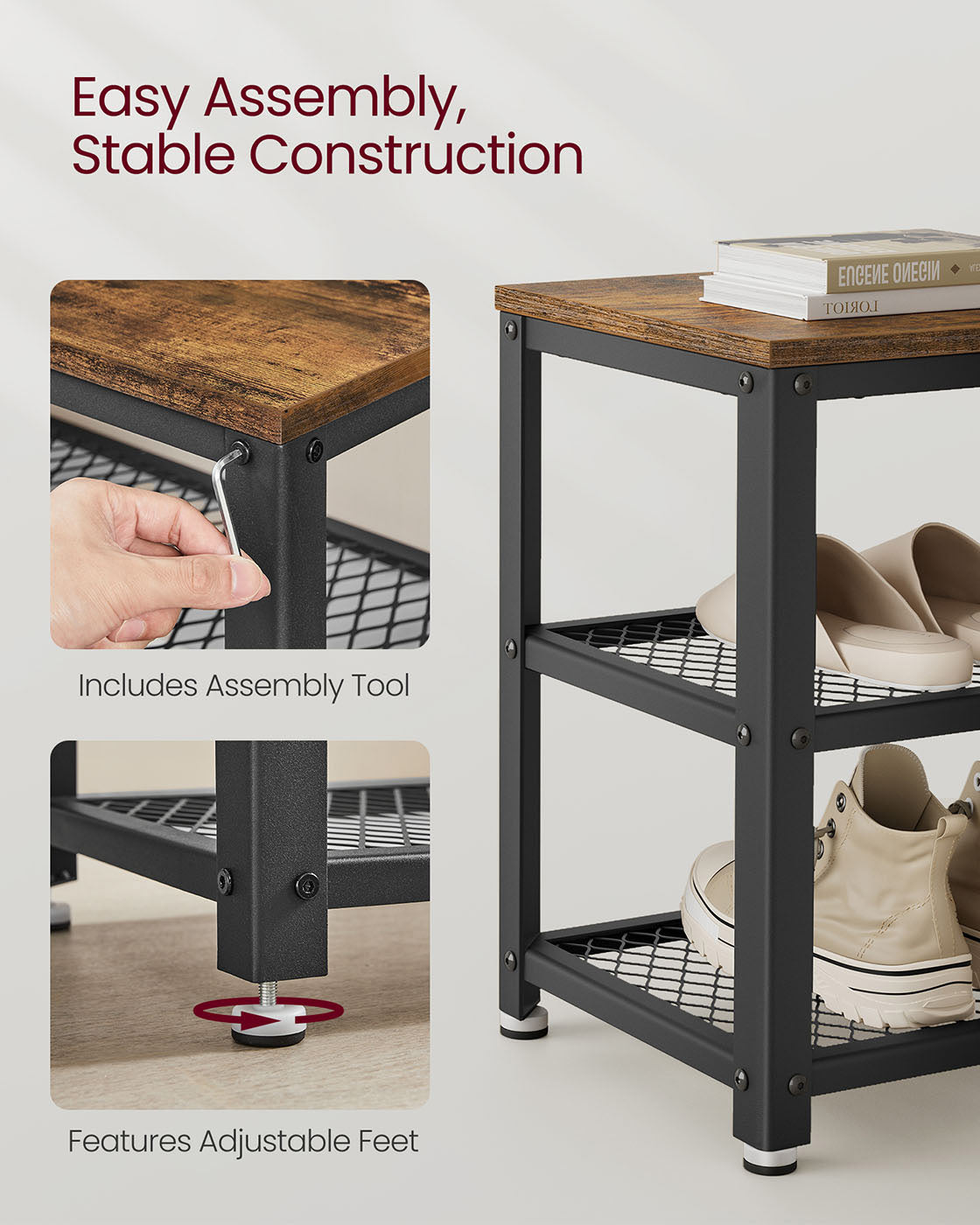 Shoe Bench - Wood - Rustic Brown - 3-Tier Storage with Seating