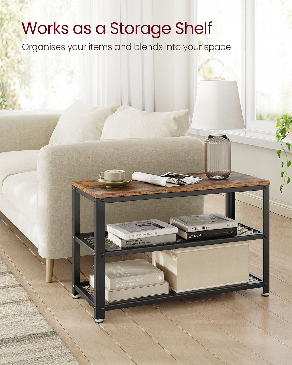 Shoe Bench - Wood - Rustic Brown - 3-Tier Storage with Seating