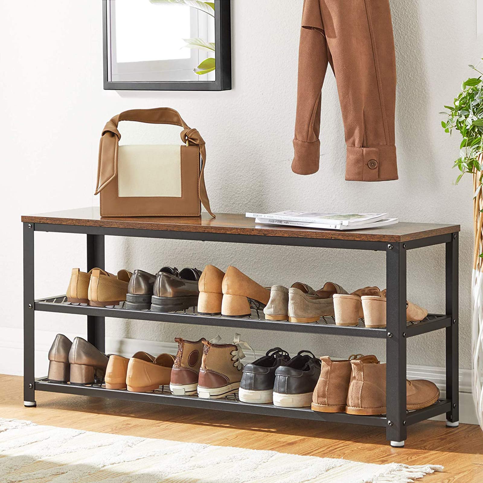 Shoe Bench - Steel - Rustic Brown and Black