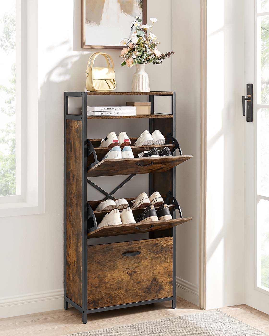 Shoe Cabinet - Engineered Wood - Rustic Brown and Black