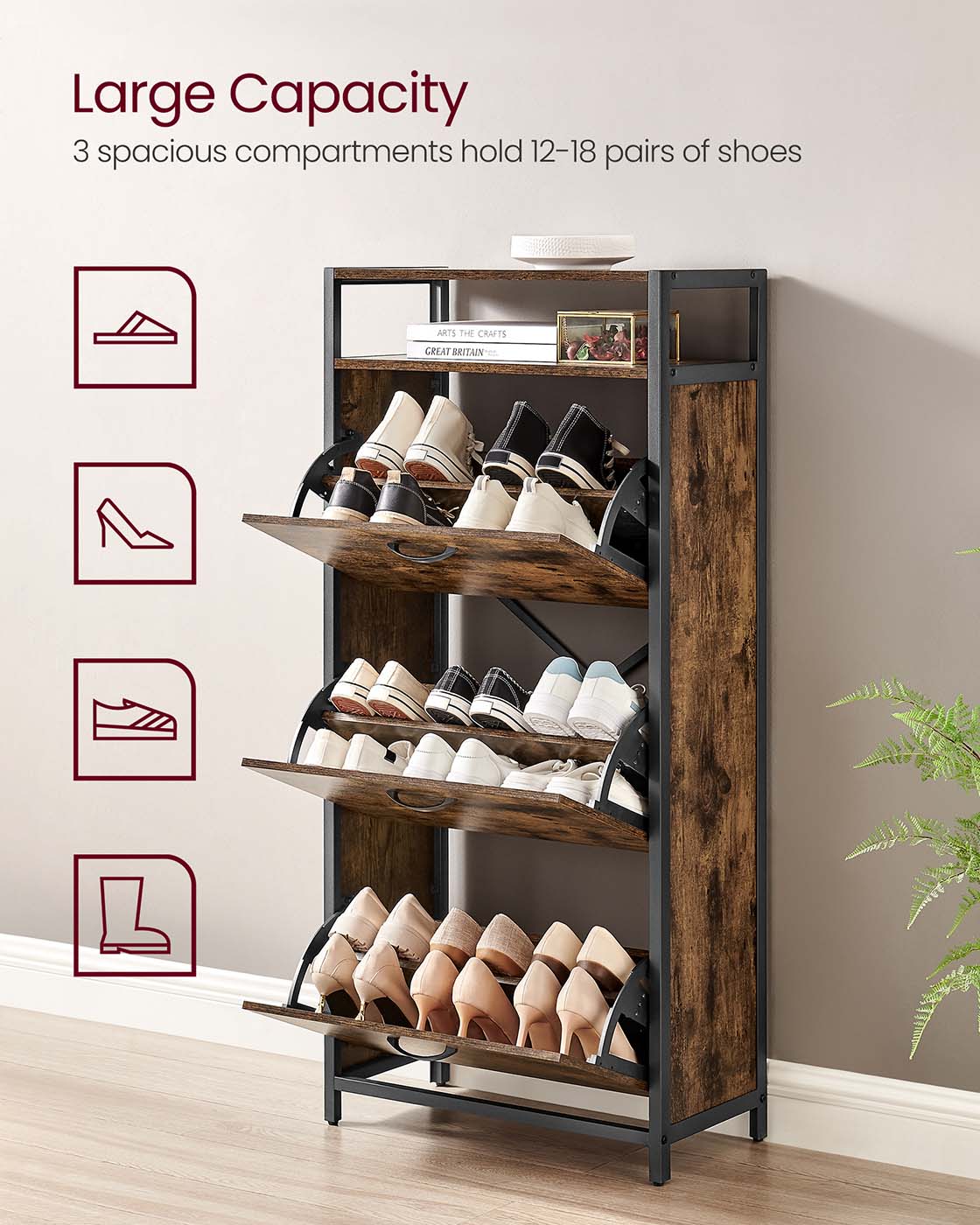 Shoe Cabinet - Engineered Wood - Rustic Brown and Black