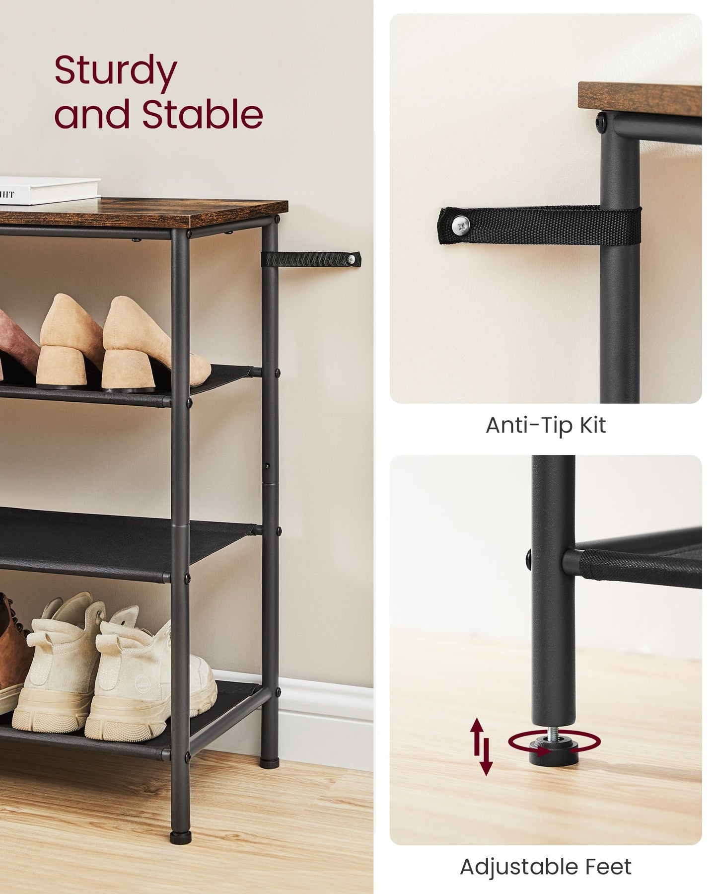 4-Tier Shoe Rack - Fabric - Rustic Brown and Black - Narrow Storage Organizer with Top Shelf for Bags