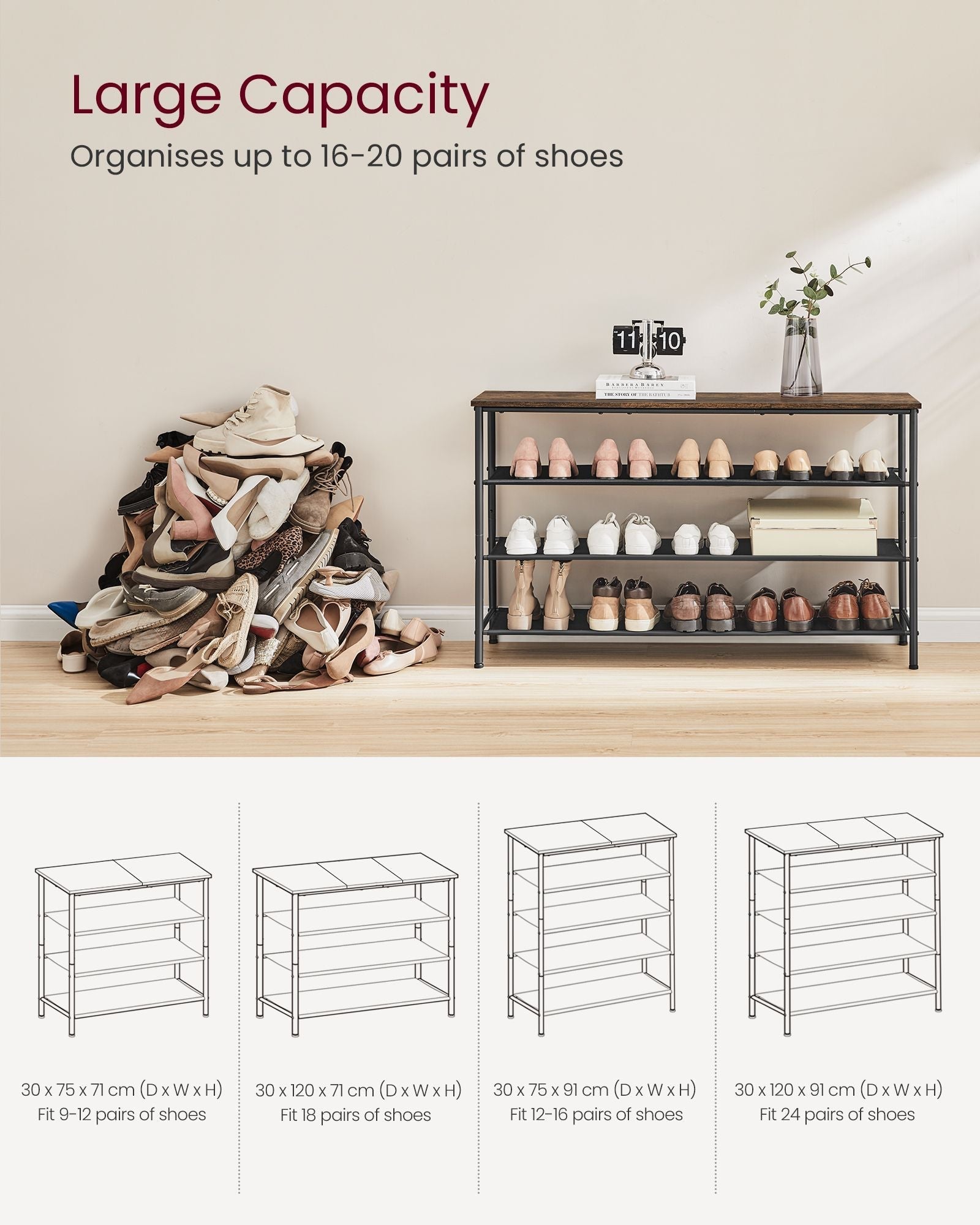 4-Tier Shoe Rack - Steel Frame with Fabric Shelves - Rustic Brown and Black - Space-Saving Shoe Storage for 15-18 Pairs