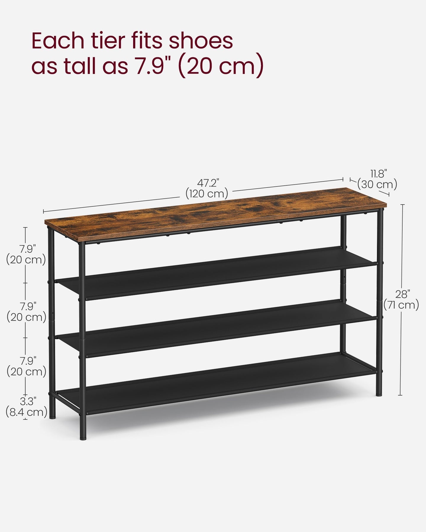 4-Tier Shoe Rack - Fabric - Rustic Brown and Black - Narrow Storage Organizer with Top Shelf for Bags