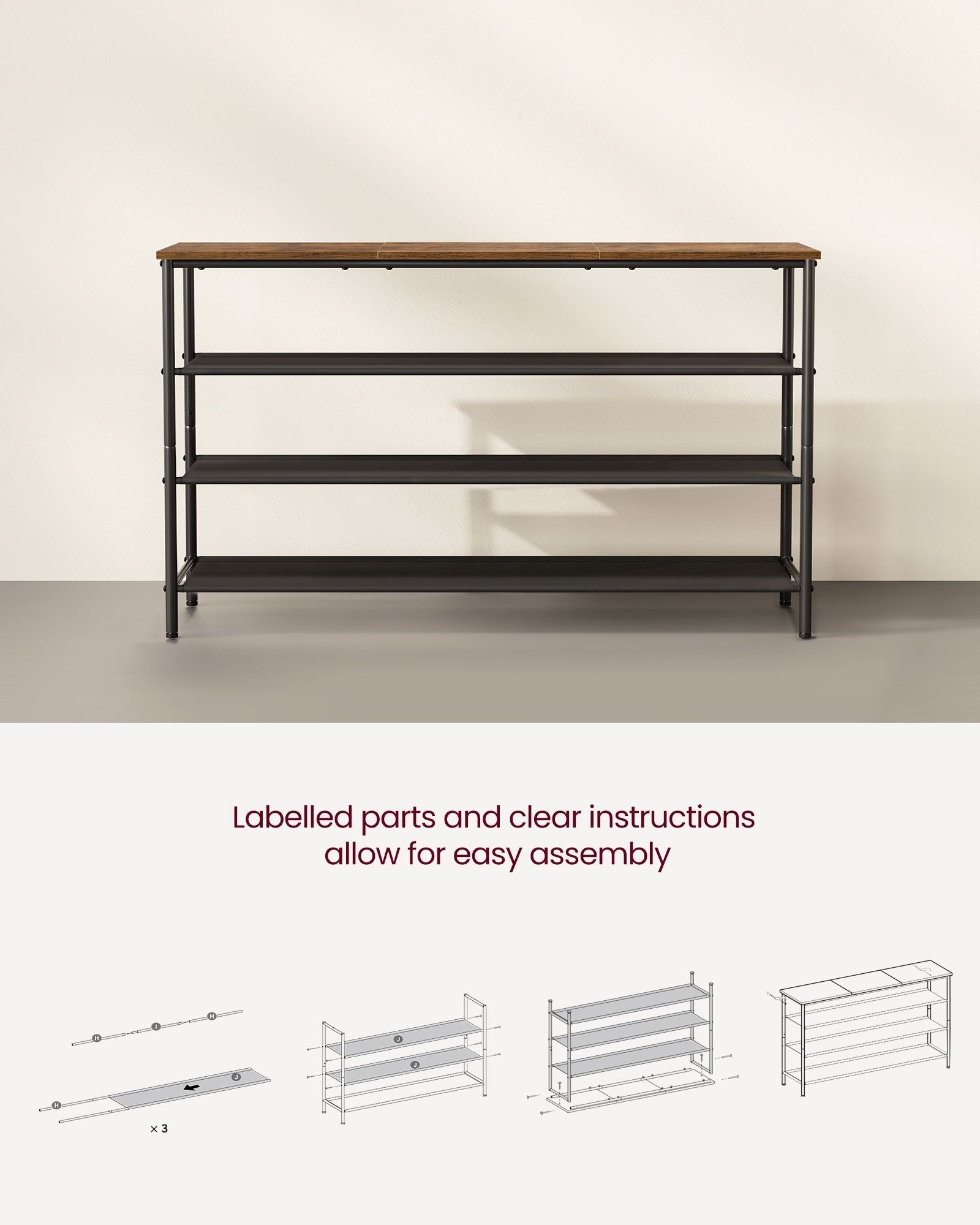 4-Tier Shoe Rack - Fabric - Rustic Brown and Black - Narrow Storage Organizer with Top Shelf for Bags