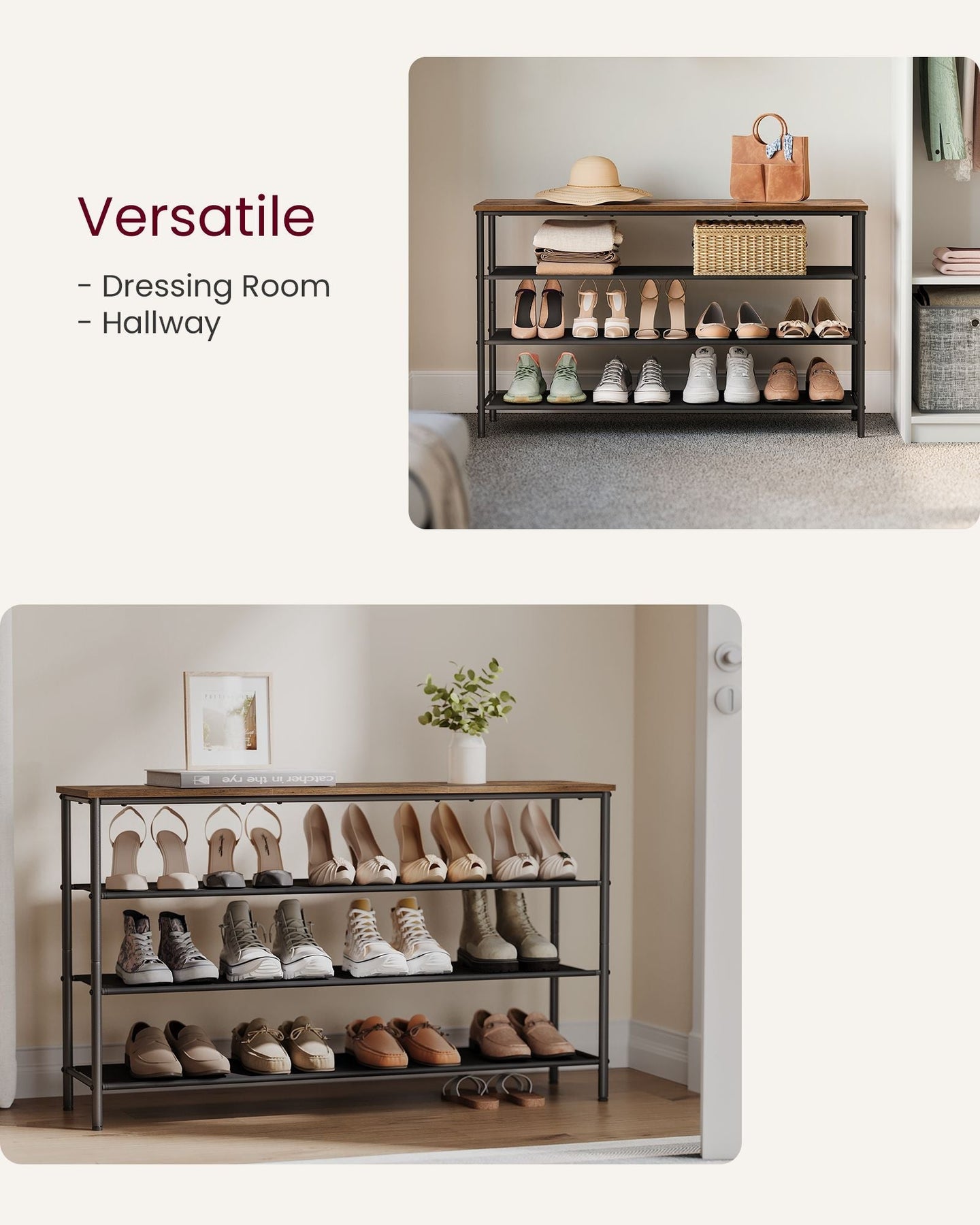 4-Tier Shoe Rack - Fabric - Rustic Brown and Black - Narrow Storage Organizer with Top Shelf for Bags
