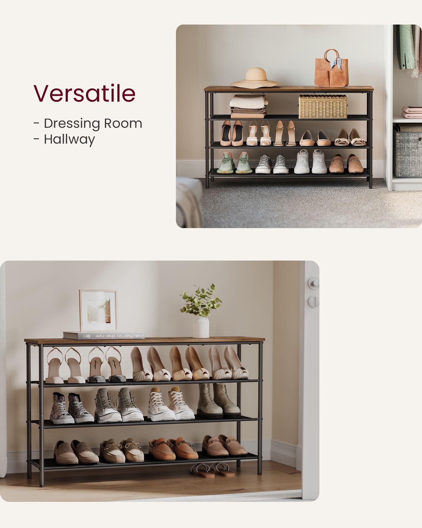 4-Tier Shoe Rack - Steel Frame with Fabric Shelves - Rustic Brown and Black - Space-Saving Shoe Storage for 15-18 Pairs