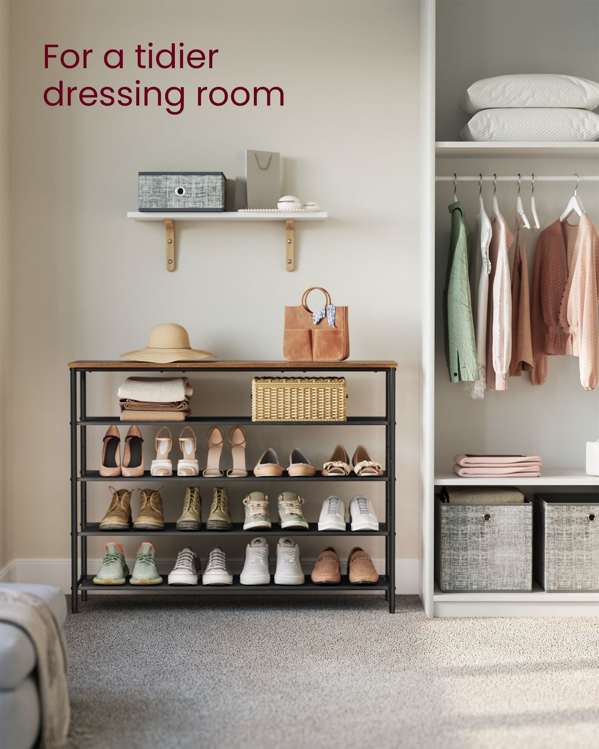 5-Tier Shoe Rack - Steel Frame - Rustic Brown and Black - Narrow Storage Organizer for Wardrobe and Hallway