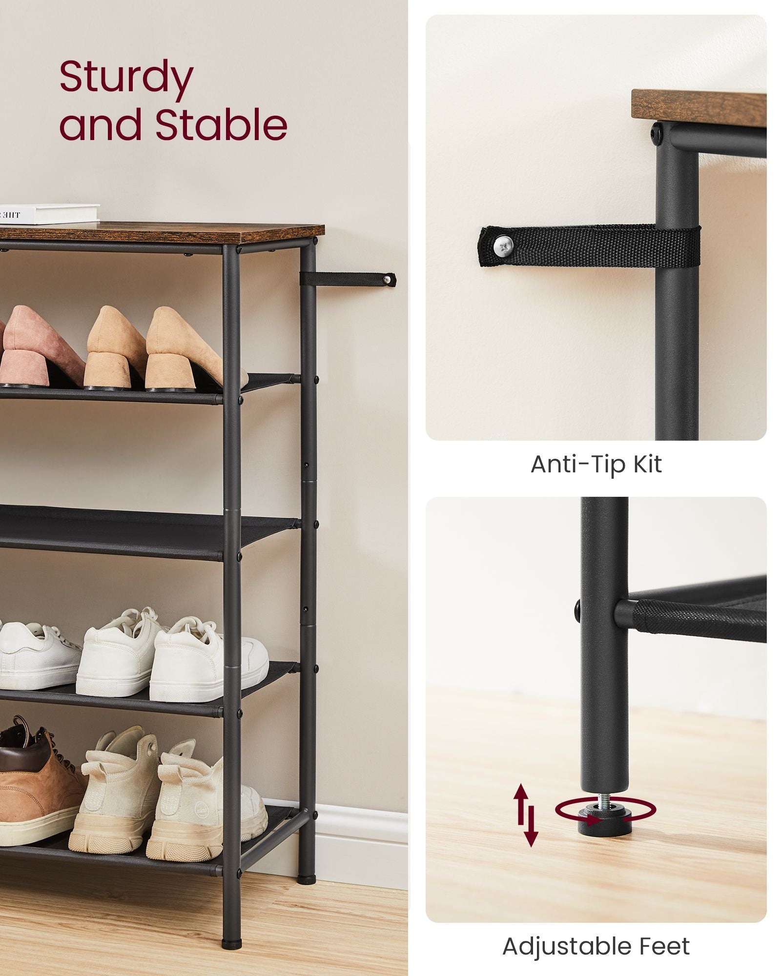 5-Tier Shoe Rack - Steel Frame - Rustic Brown and Black - Narrow Storage Organizer for Wardrobe and Hallway