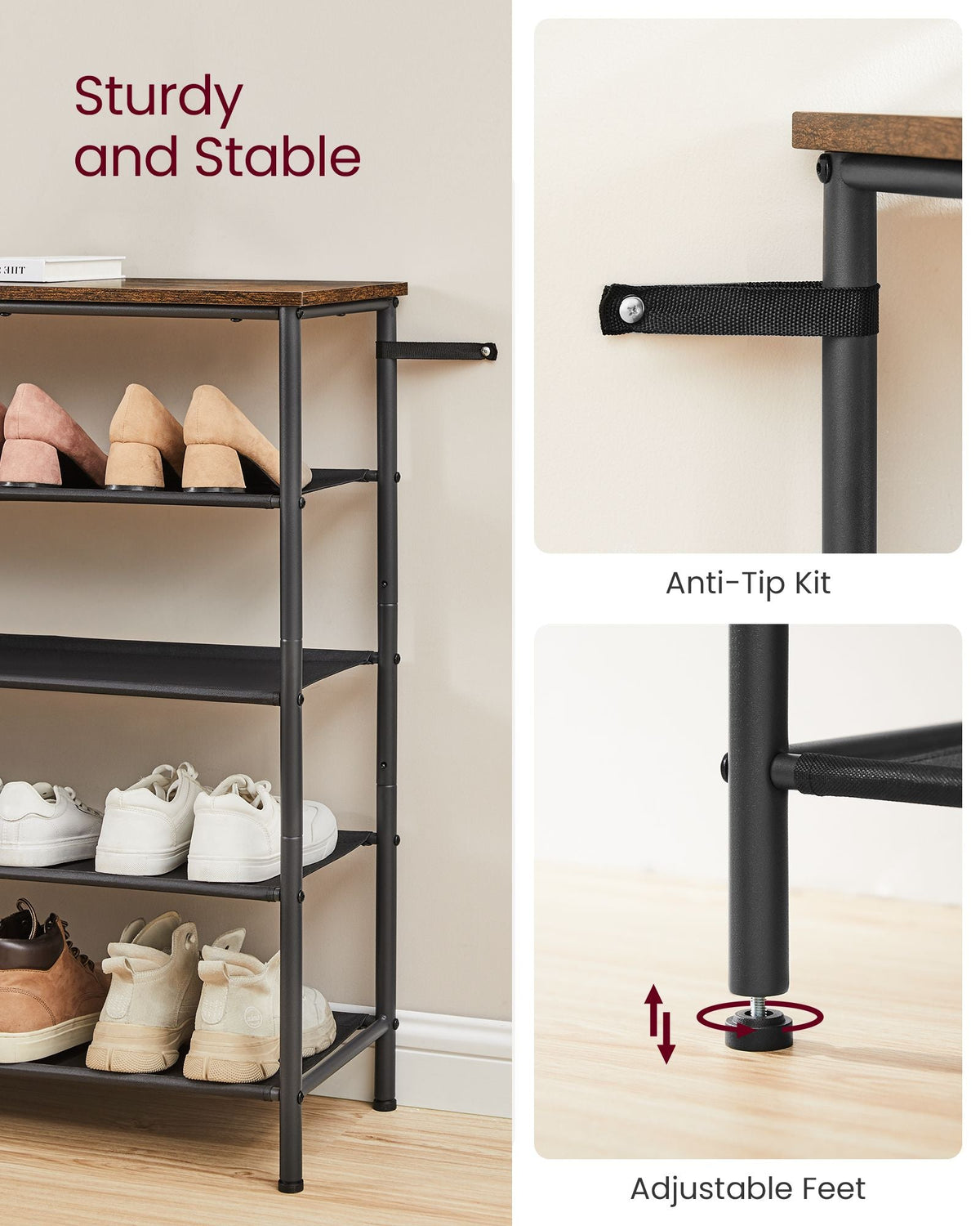 5-Tier Shoe Rack - Steel Frame - Rustic Brown and Black - Narrow Storage Organizer for Wardrobe and Hallway