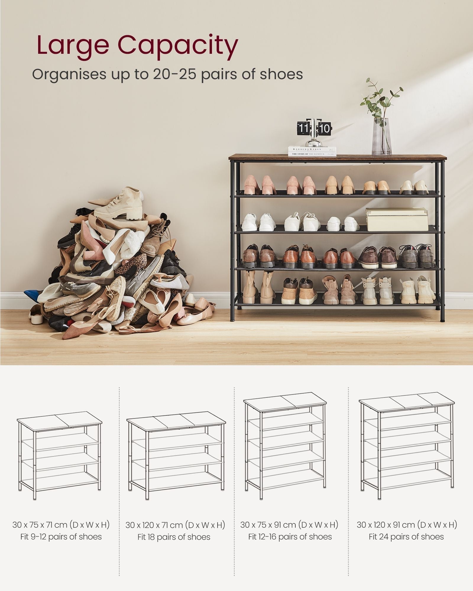 5-Tier Shoe Rack - Steel Frame - Rustic Brown and Black - Narrow Storage Organizer for Wardrobe and Hallway