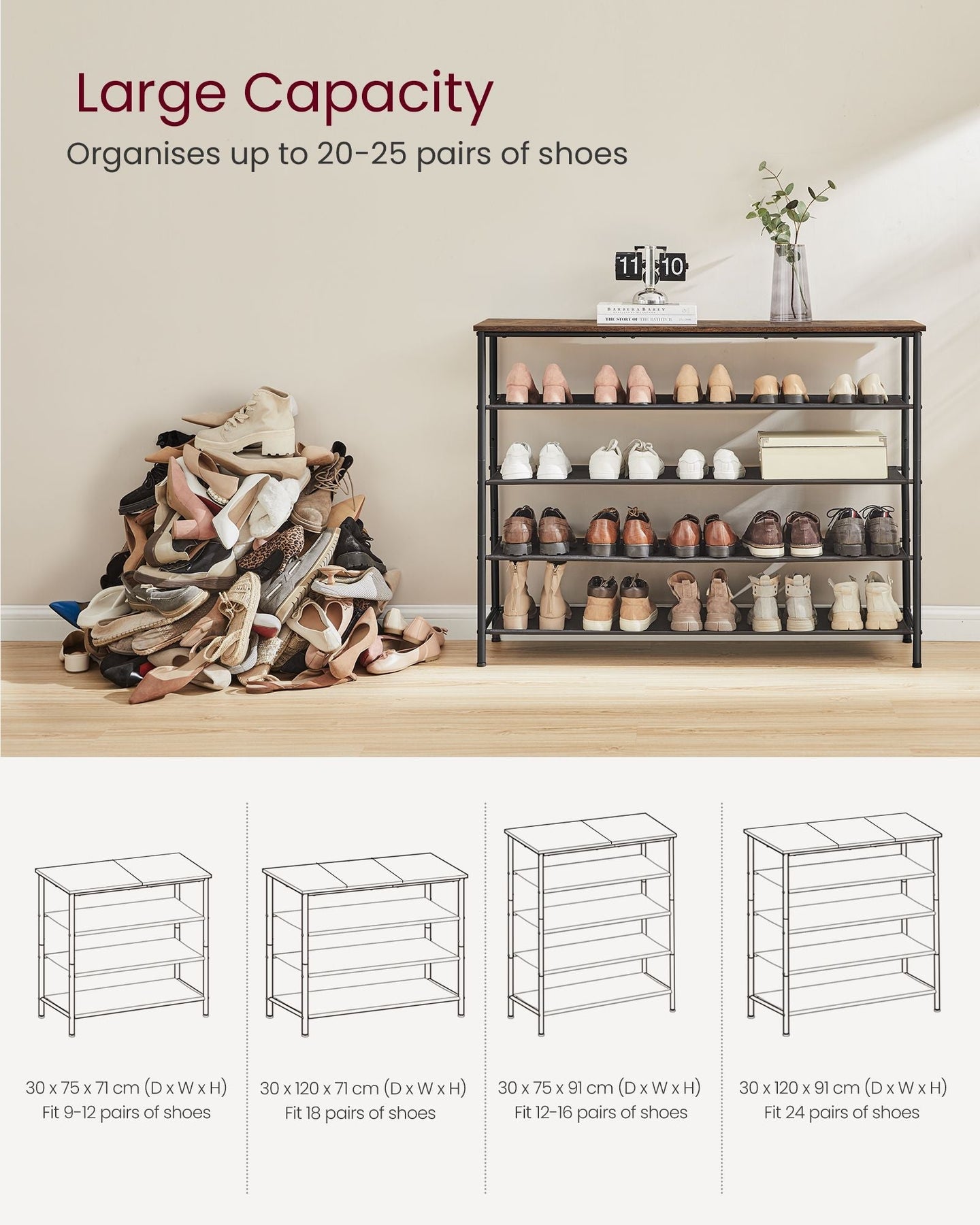 5-Tier Shoe Rack - Steel Frame - Rustic Brown and Black - Narrow Storage Organizer for Wardrobe and Hallway