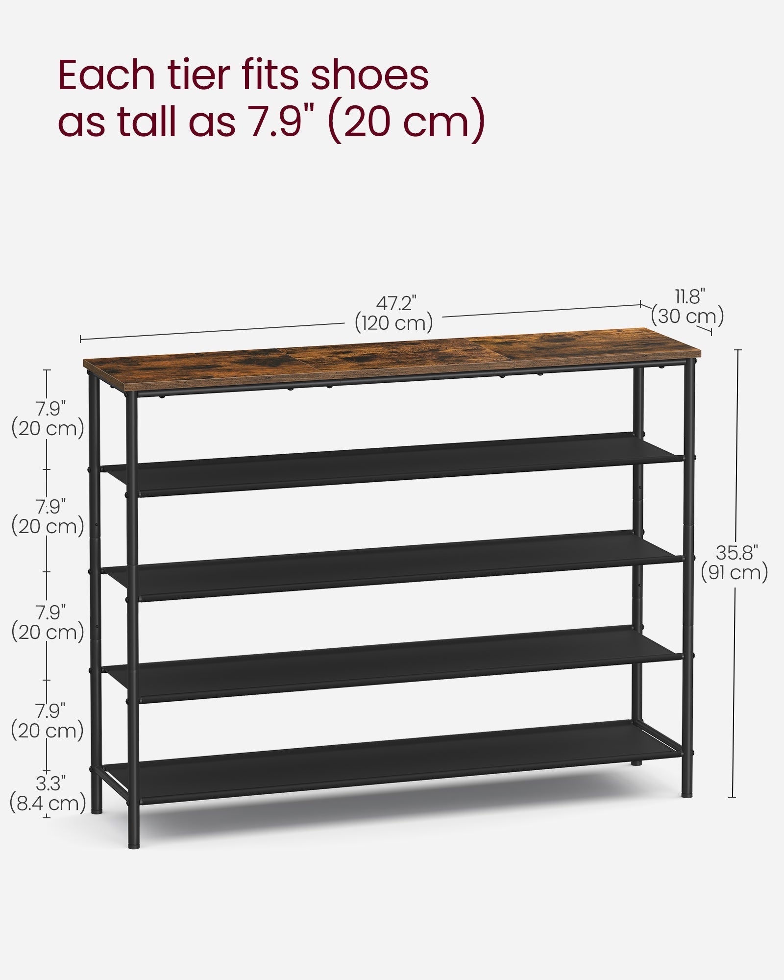 5-Tier Shoe Rack - Steel Frame - Rustic Brown and Black - Narrow Storage Organizer for Wardrobe and Hallway