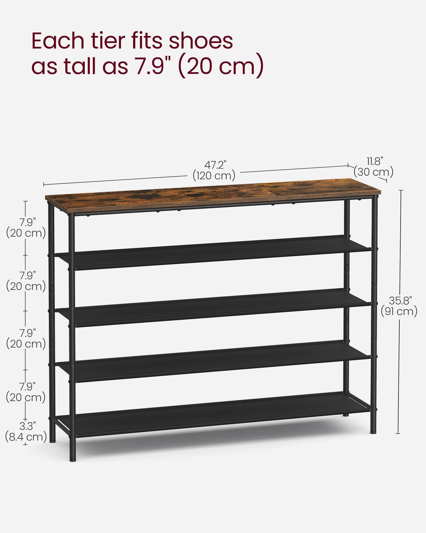 5-Tier Shoe Rack - Steel Frame - Rustic Brown and Black - Narrow Storage Organizer for Wardrobe and Hallway