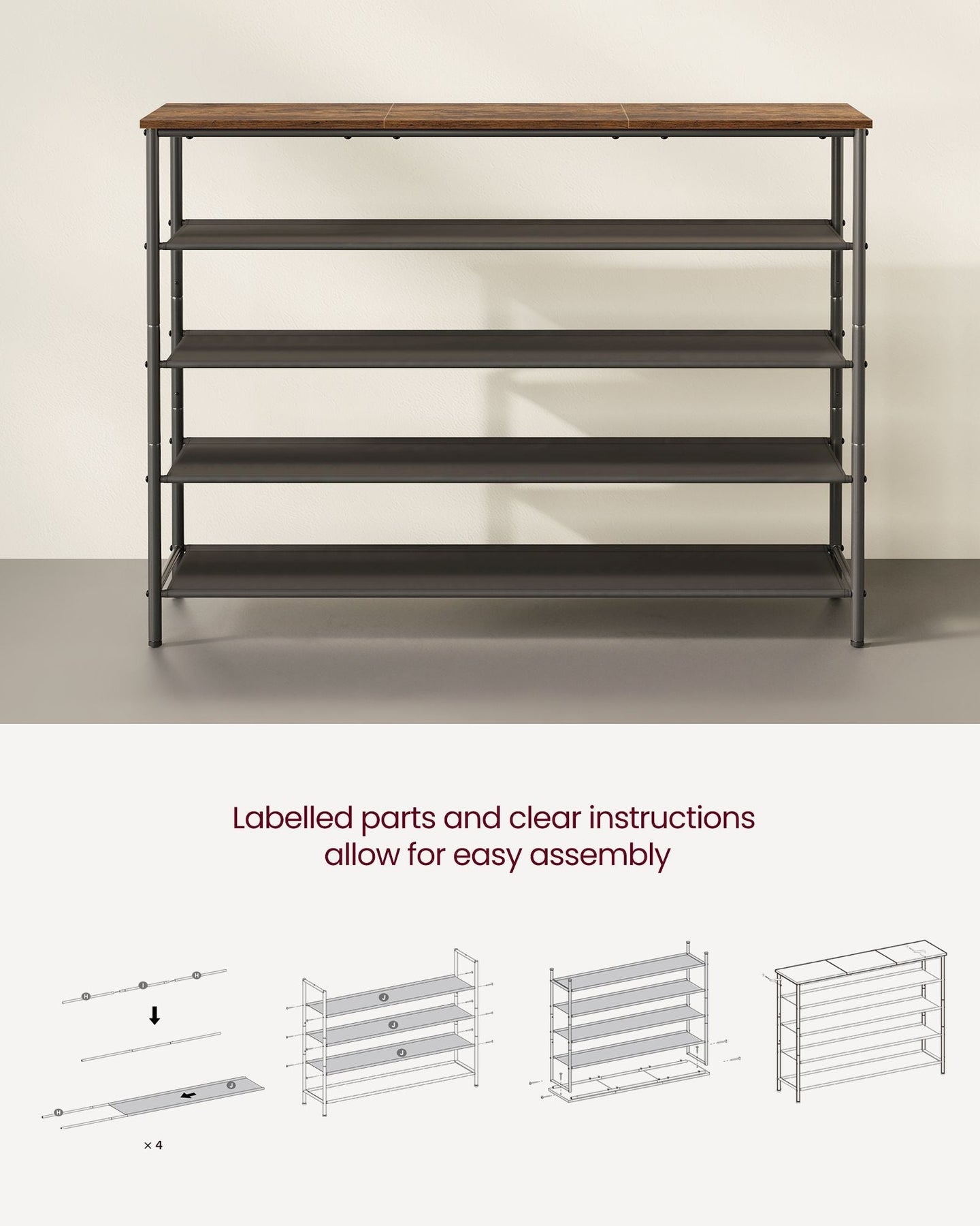 5-Tier Shoe Rack - Steel Frame - Rustic Brown and Black - Narrow Storage Organizer for Wardrobe and Hallway