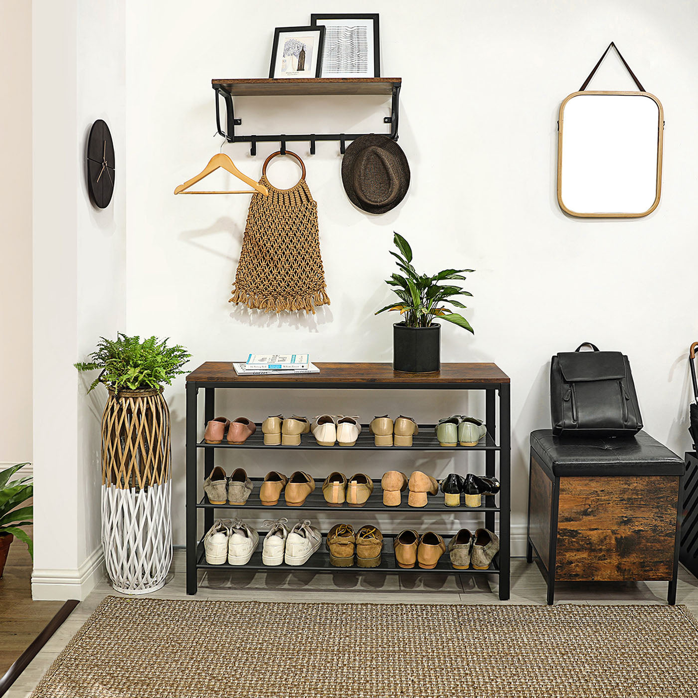 Shoe Rack - Mesh Shelves - Rustic Brown and Black - Simple Structure