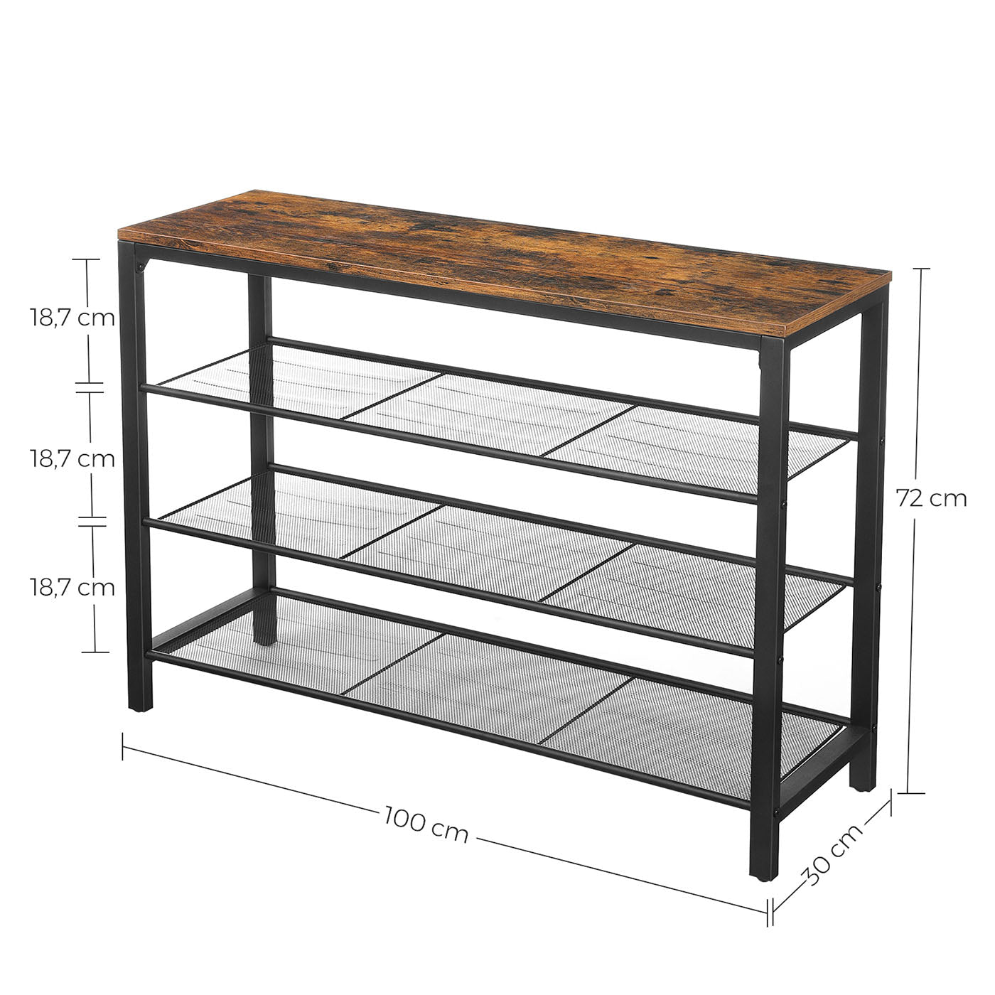 Shoe Rack - Mesh Shelves - Rustic Brown and Black - Simple Structure