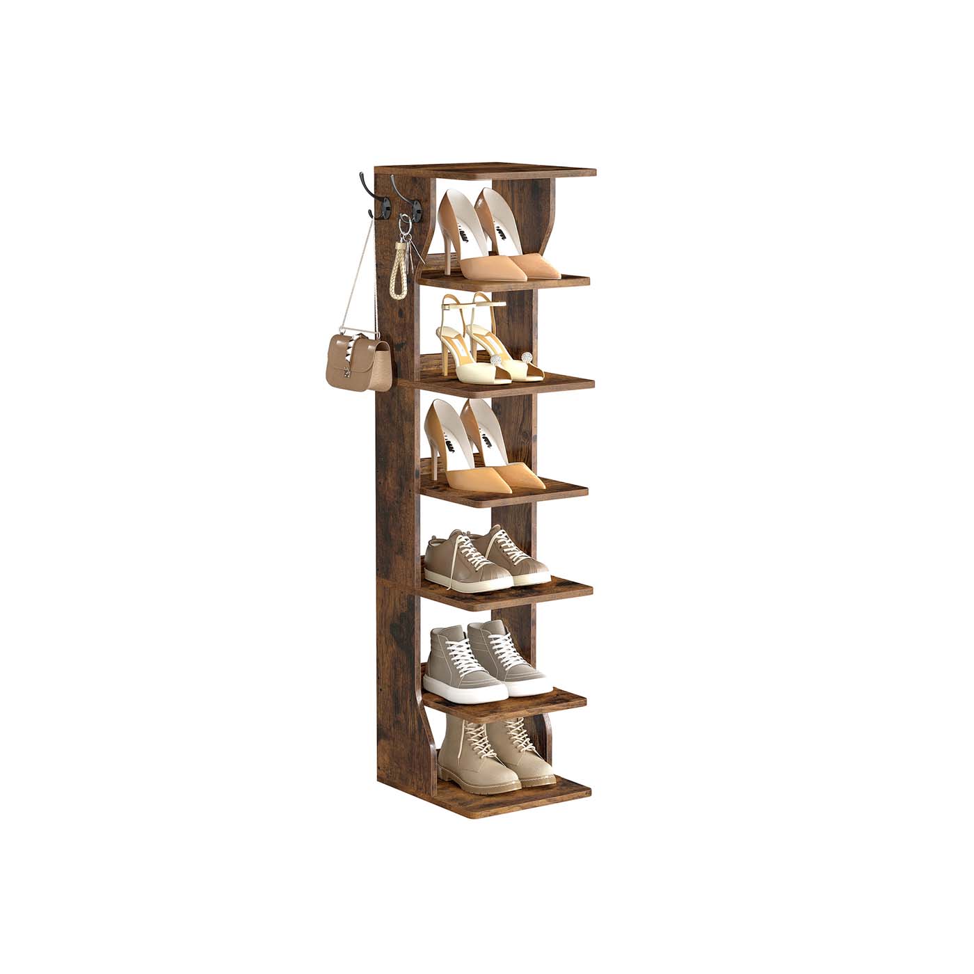 Slim Shoe Rack - Wood - Rustic Brown - 7-Tier Design for Small Spaces