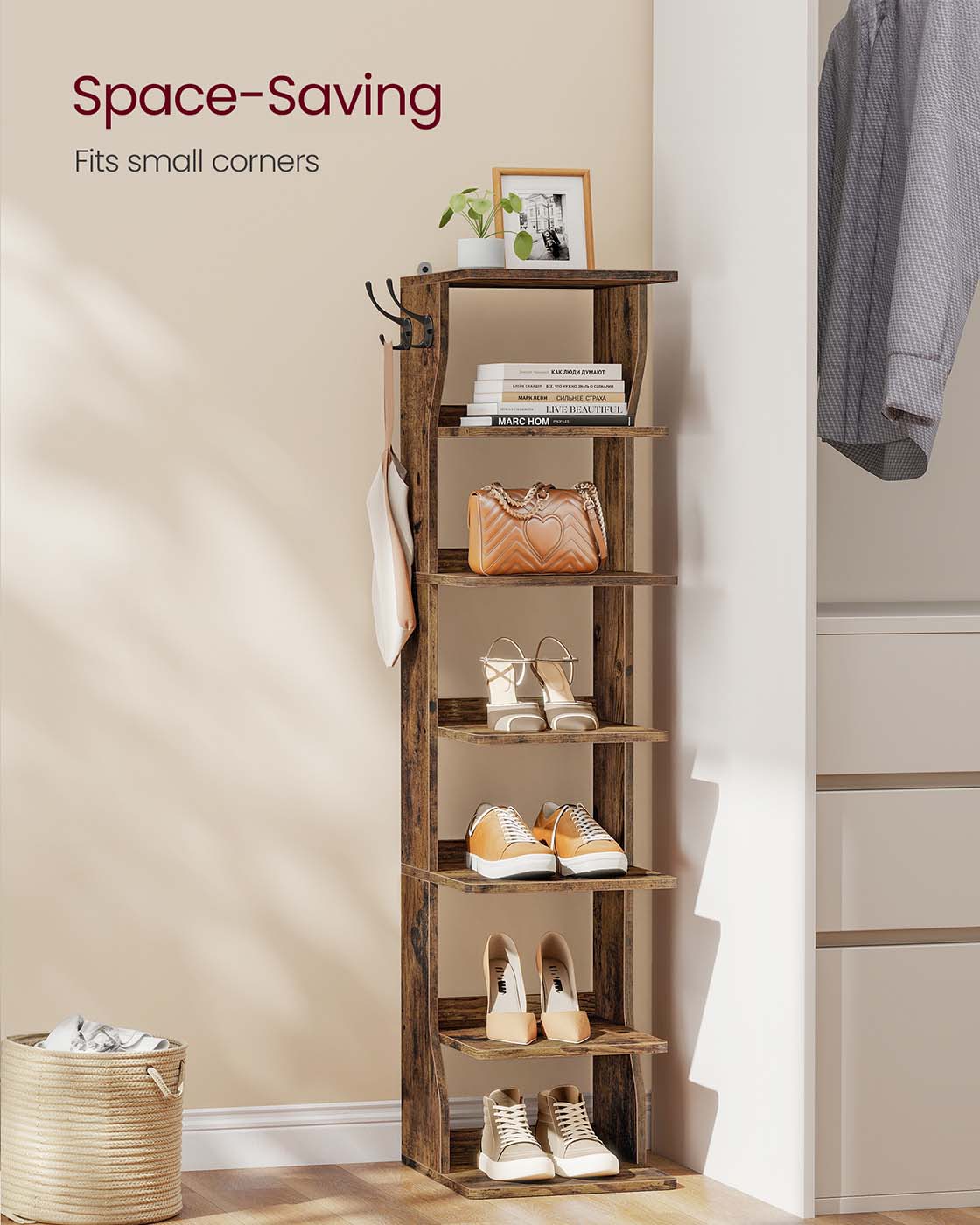 Slim Shoe Rack - Wood - Rustic Brown - 7-Tier Design for Small Spaces