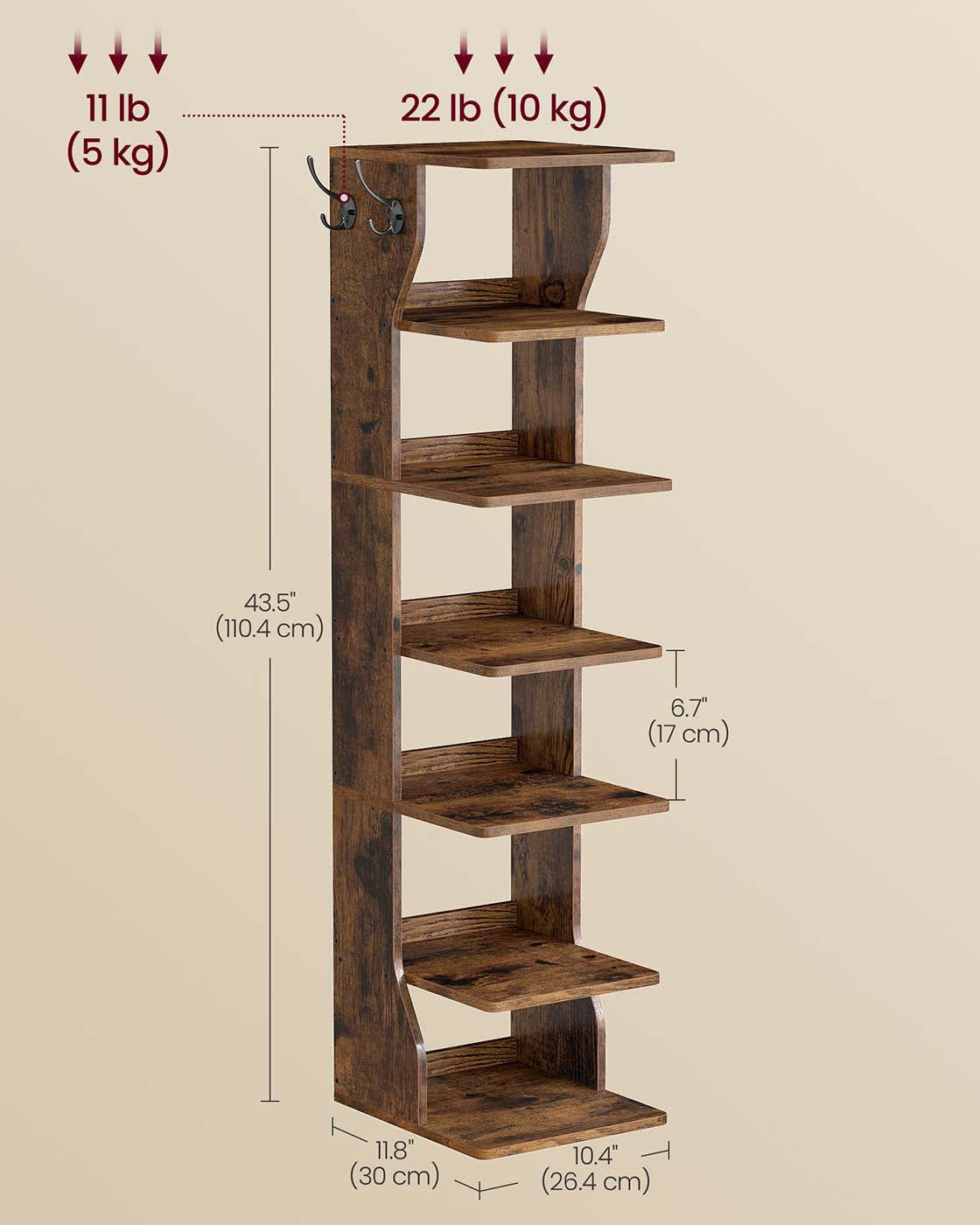 Slim Shoe Rack - Wood - Rustic Brown - 7-Tier Design for Small Spaces