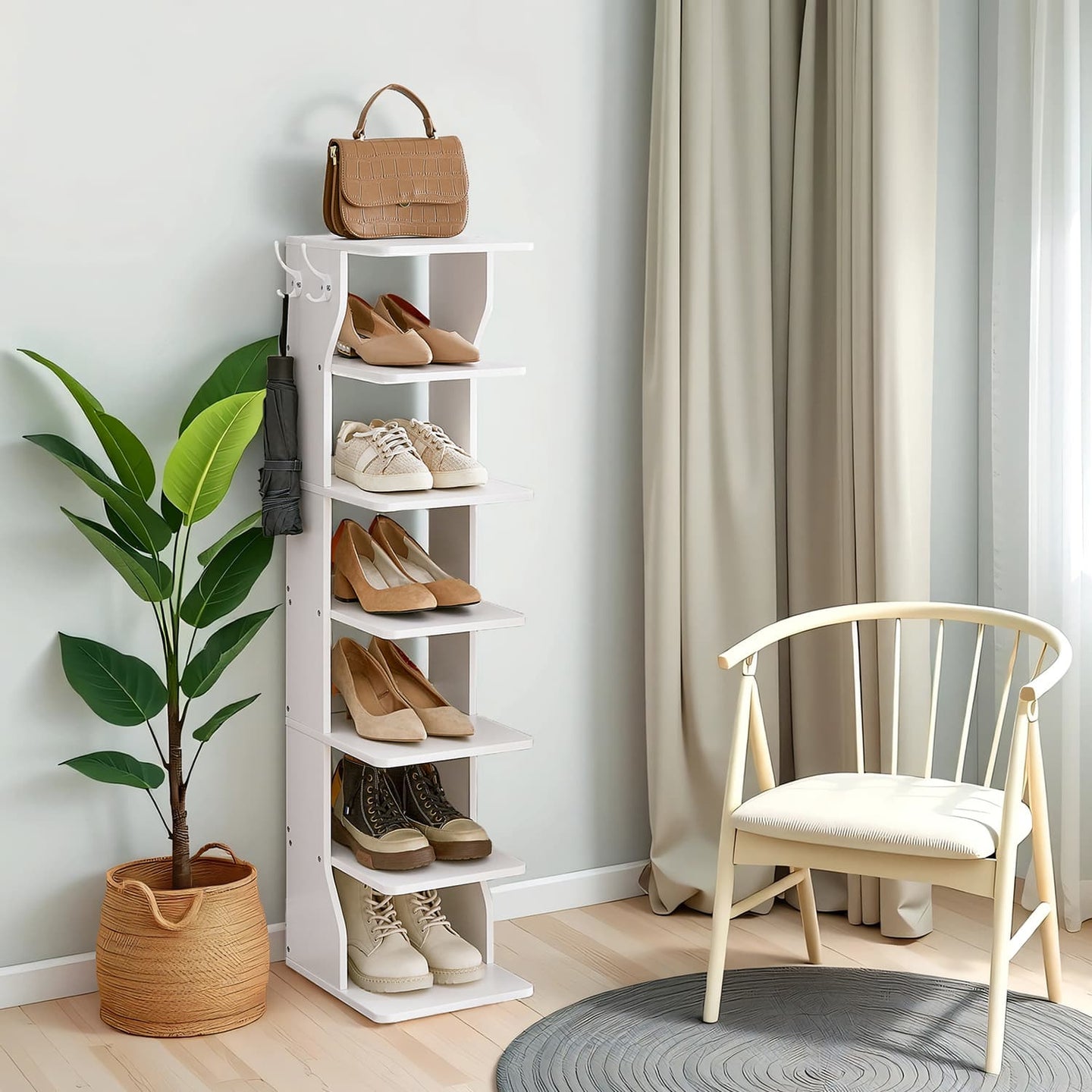 Narrow Shoe Rack - Wood - White - 6-Tier Vertical Storage for Small Spaces