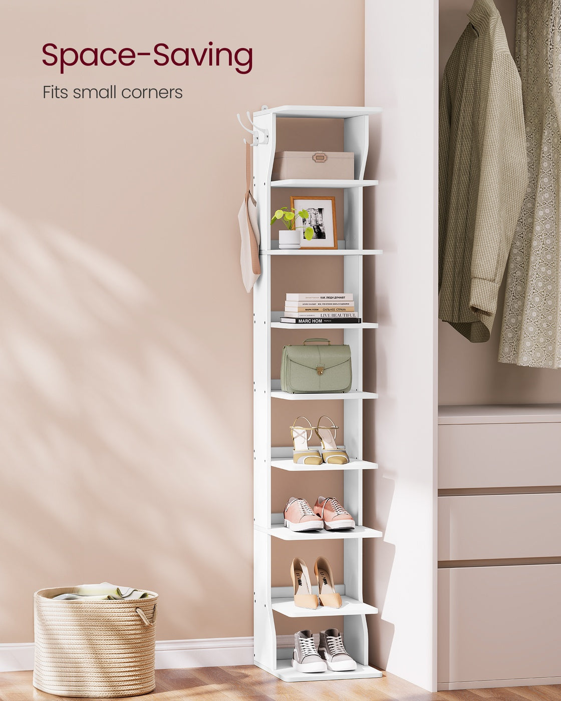 Slim Shoe Rack - Wood - Natural - 6-Tier Narrow Storage Organiser for Small Spaces