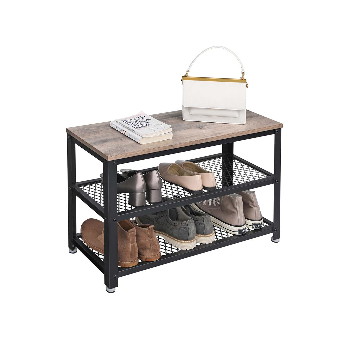 Shoe Bench Rack - 3-Tier with Seating - Wood - Rustic Brown