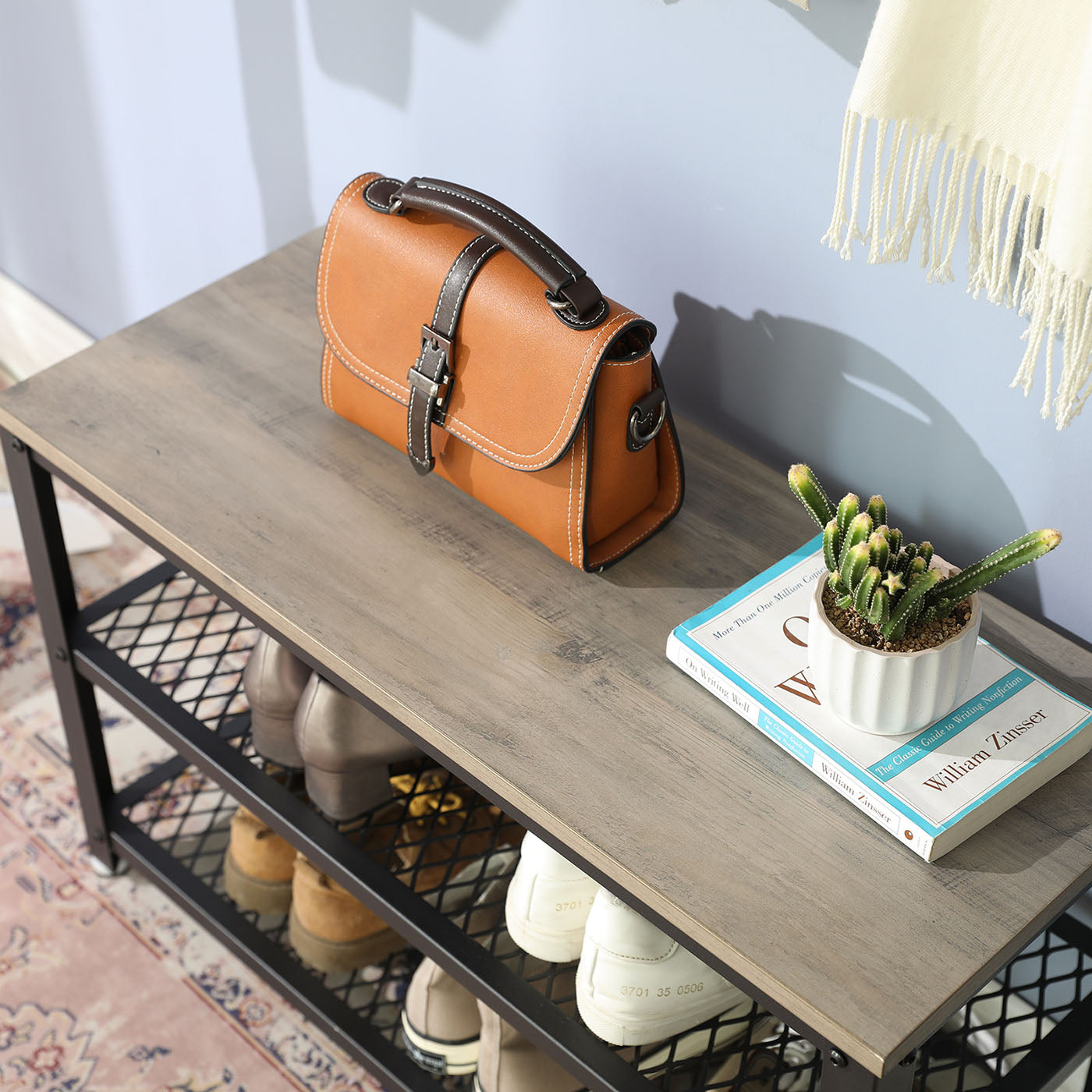 Shoe Bench Rack - 3-Tier with Seating - Wood - Rustic Brown