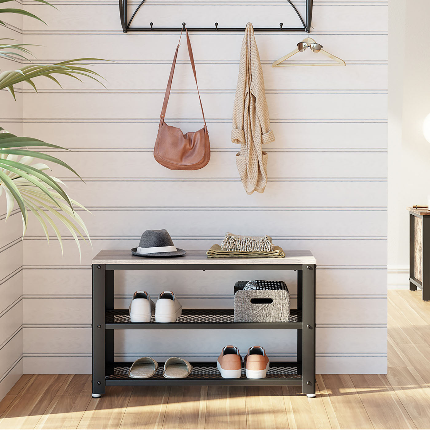 Shoe Bench Rack - 3-Tier with Seating - Wood - Rustic Brown