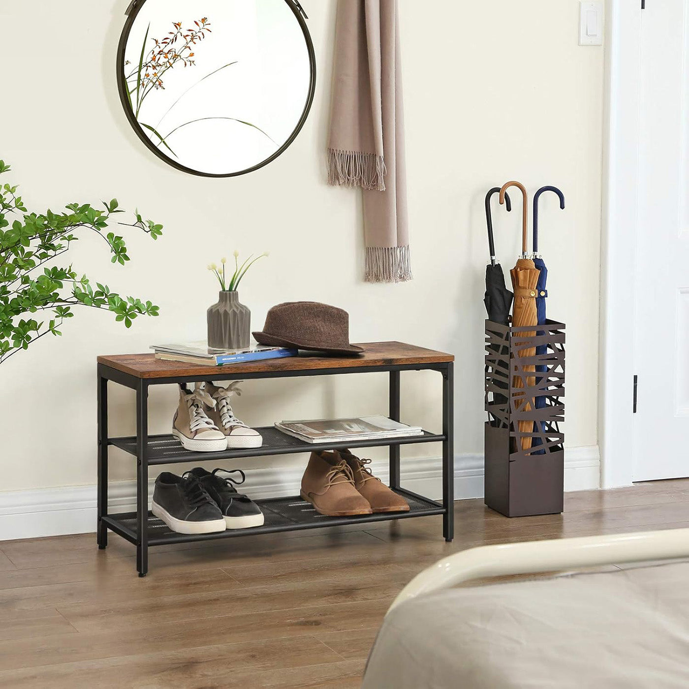 Shoe Bench - Metal - Rustic Brown - Two Mesh Shelves and Seat