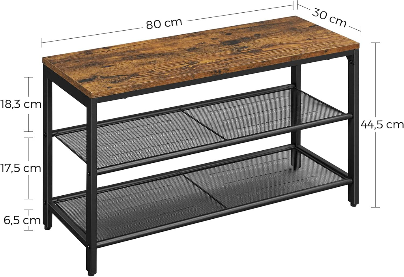 Shoe Bench - Metal - Rustic Brown - Two Mesh Shelves and Seat