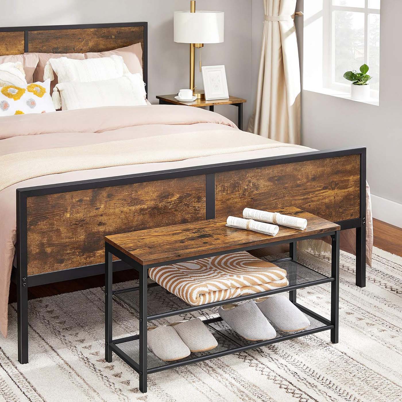 Shoe Bench - Metal - Rustic Brown - Two Mesh Shelves and Seat