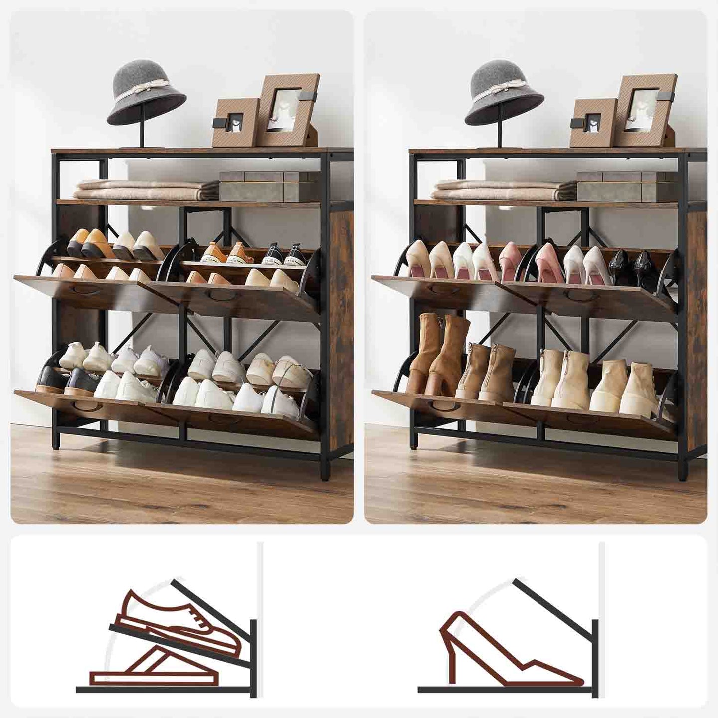 Shoe Cabinet - Wood - Rustic Brown and Black - Capable of Storing 15-18 Pairs with Open Compartment and Internal Dividers