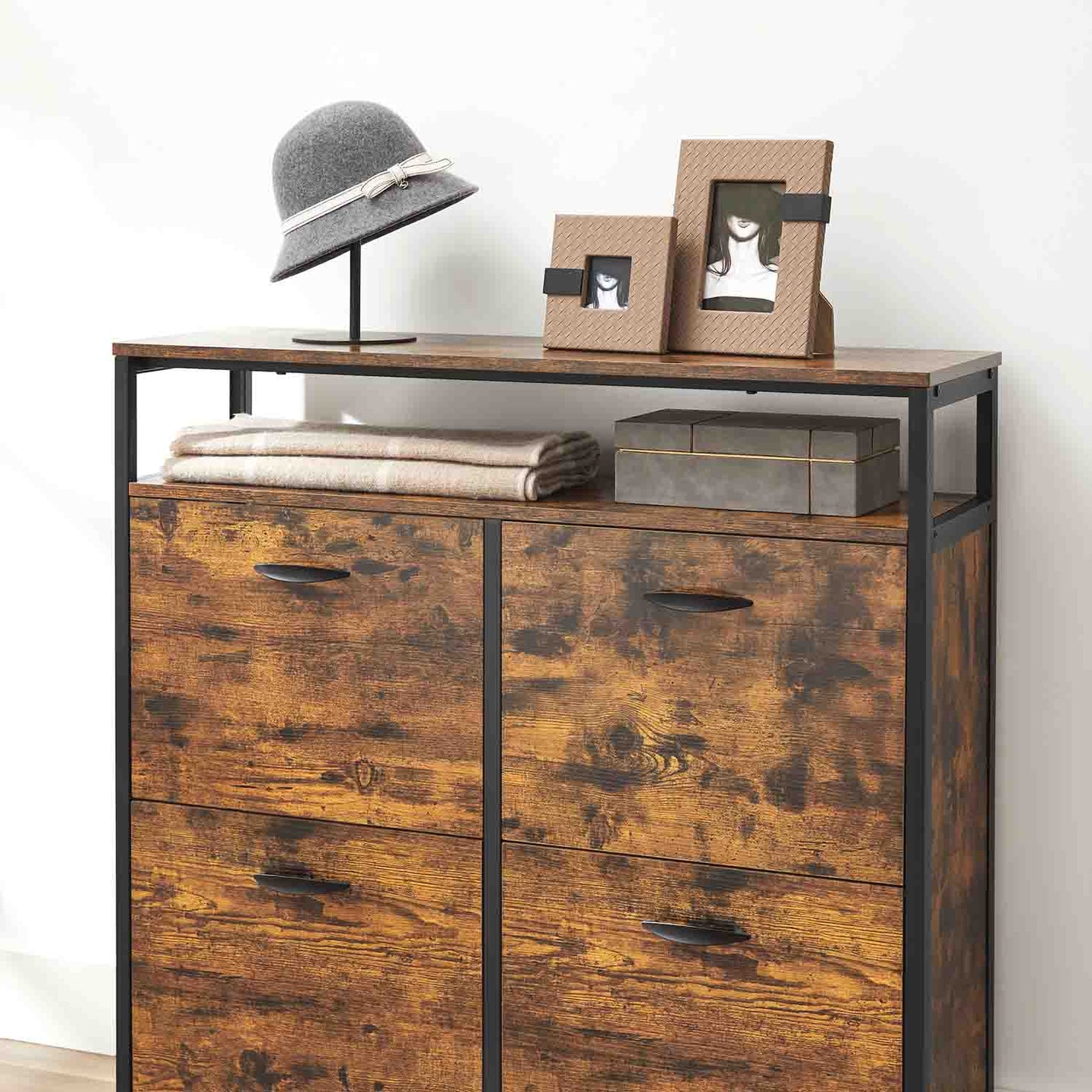 Shoe Cabinet - Wood - Rustic Brown and Black - Capable of Storing 15-18 Pairs with Open Compartment and Internal Dividers