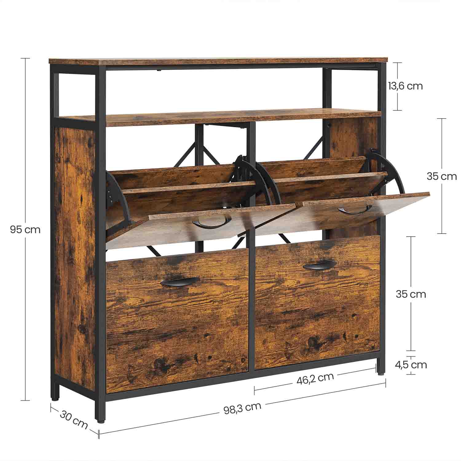 Shoe Cabinet - Wood - Rustic Brown and Black - Capable of Storing 15-18 Pairs with Open Compartment and Internal Dividers