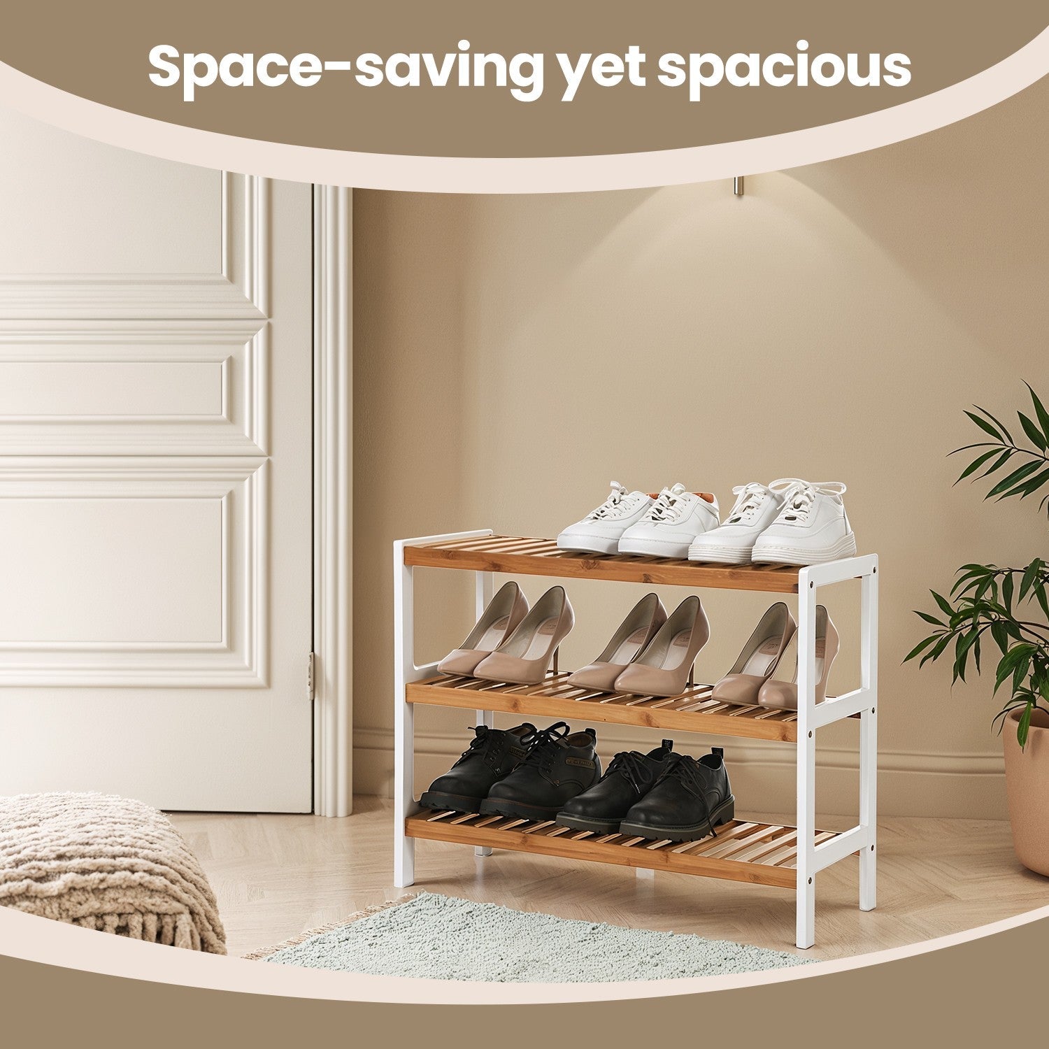 Natural Bamboo 3-Tier Shoe Rack - For 12 Pairs - Multi-Functional Storage