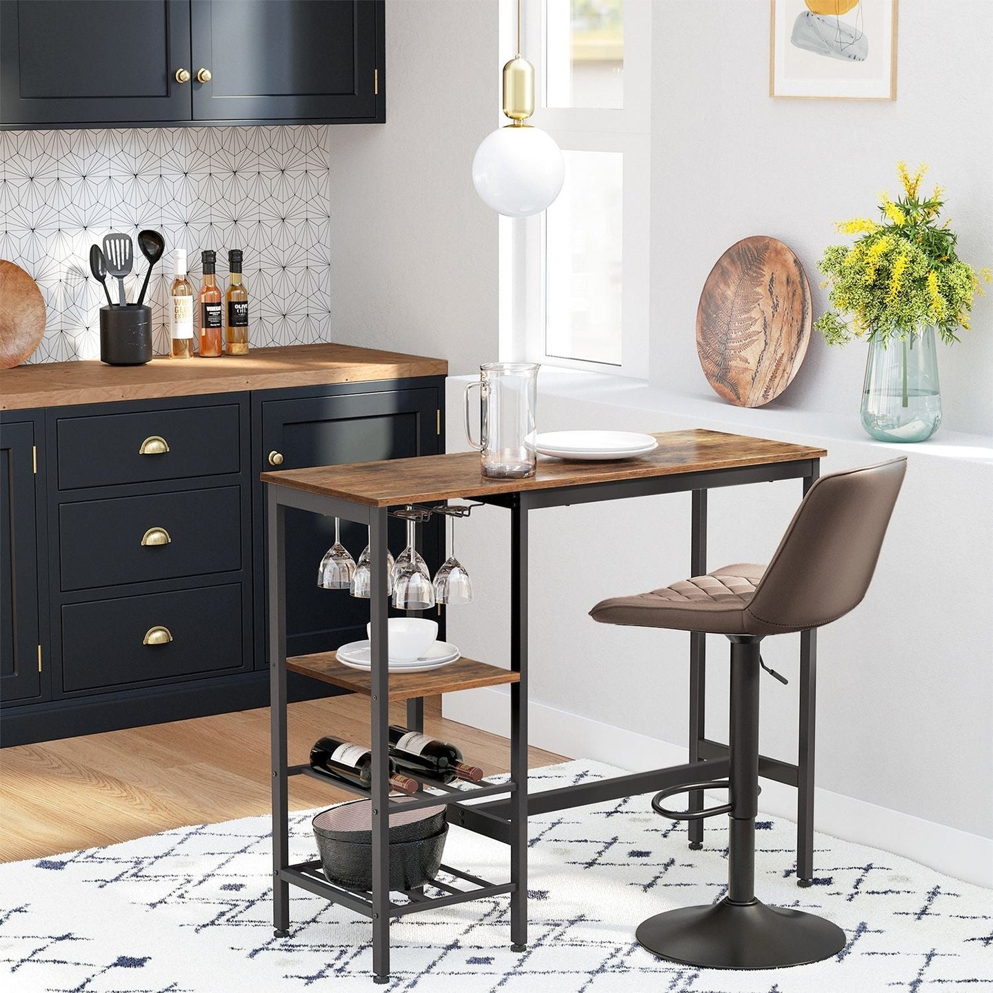 Dining Table - Engineered Wood - Rustic Brown and Black - Includes Wine Glass Holder and Bottle Rack