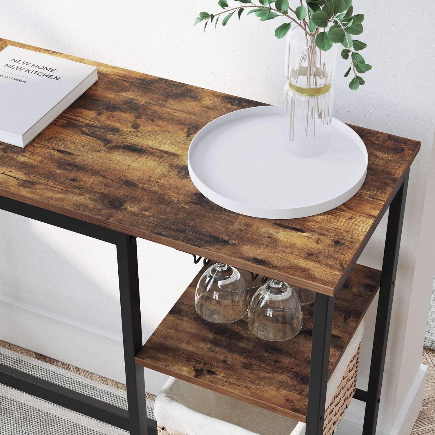 Dining Table - Engineered Wood - Rustic Brown and Black - Includes Wine Glass Holder and Bottle Rack