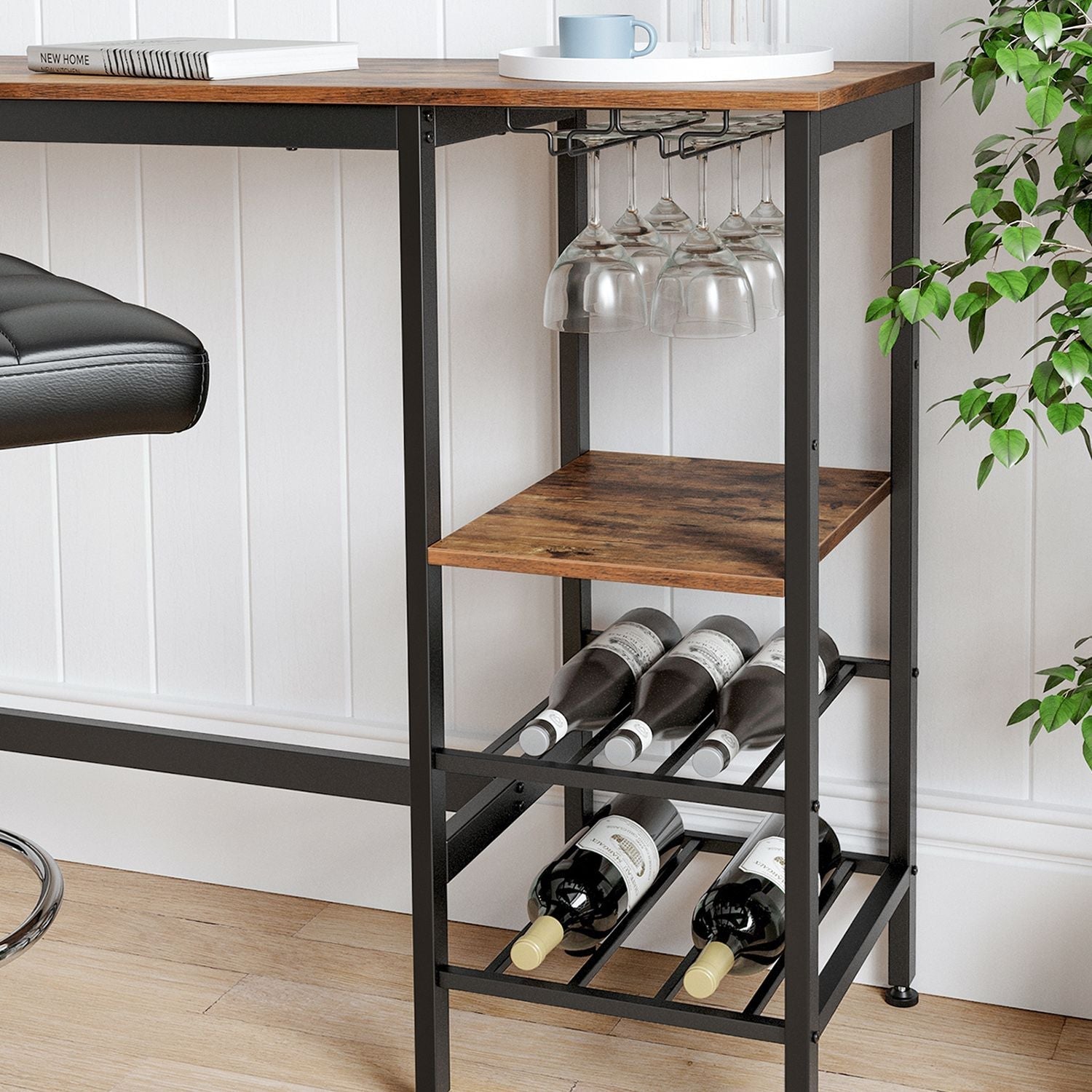 Dining Table - Engineered Wood - Rustic Brown and Black - Includes Wine Glass Holder and Bottle Rack