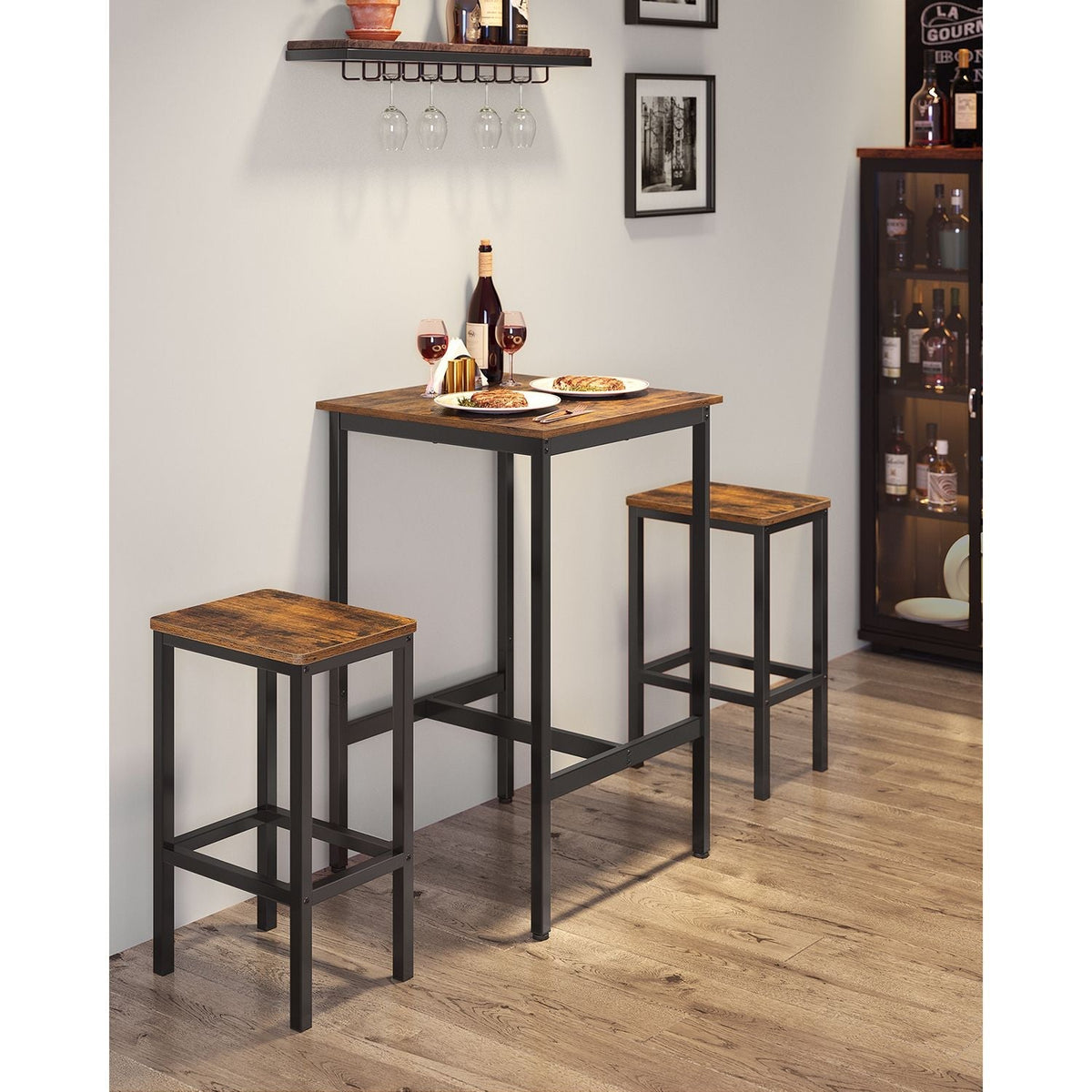 Dining Table and Chairs Set - Wood - Rustic Brown and Black