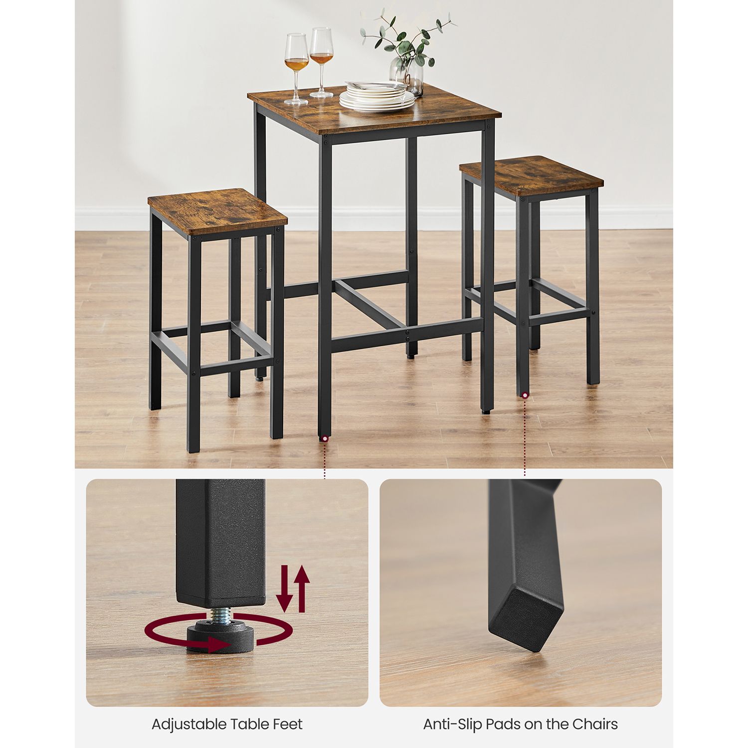 Dining Table and Chairs Set - Wood - Rustic Brown and Black