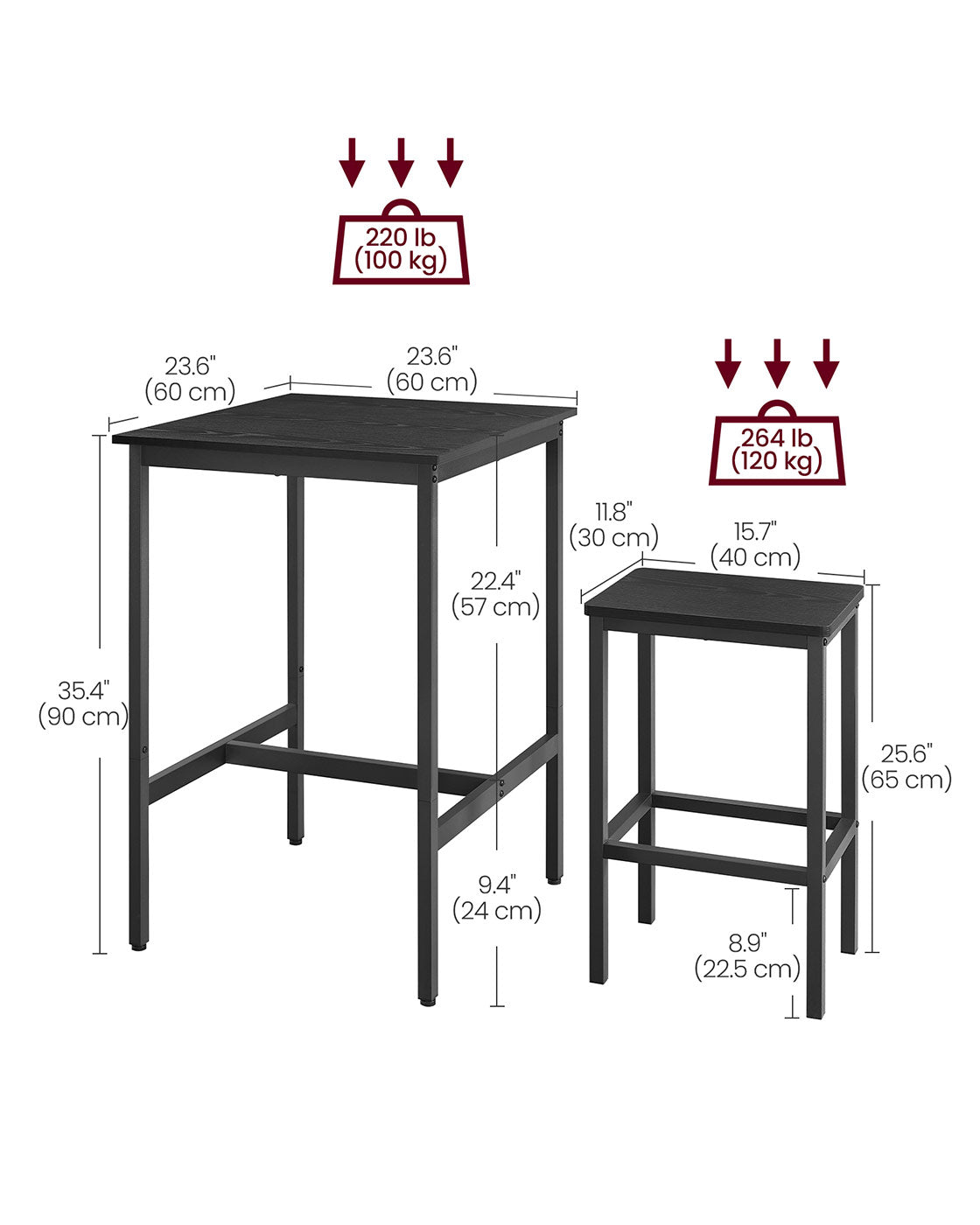 Bar Table and Stools Set - Ebony Black - Wooden