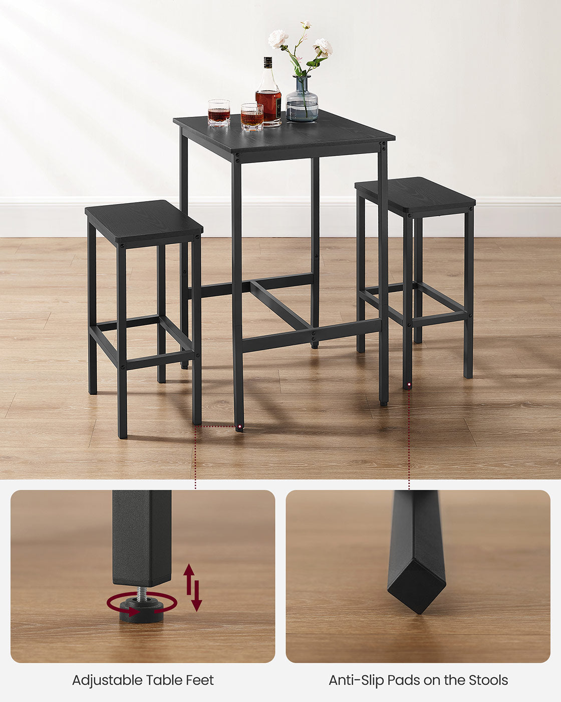 Bar Table and Stools Set - Ebony Black - Wooden