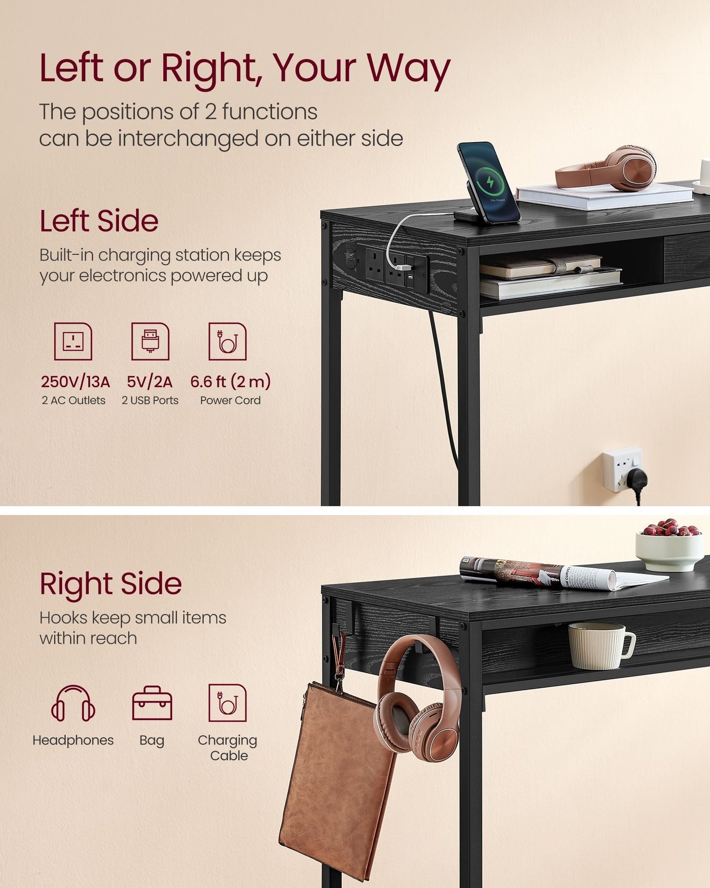 Pub Table - Wood - Ebony Black - With Charging Station and Movable Drawer
