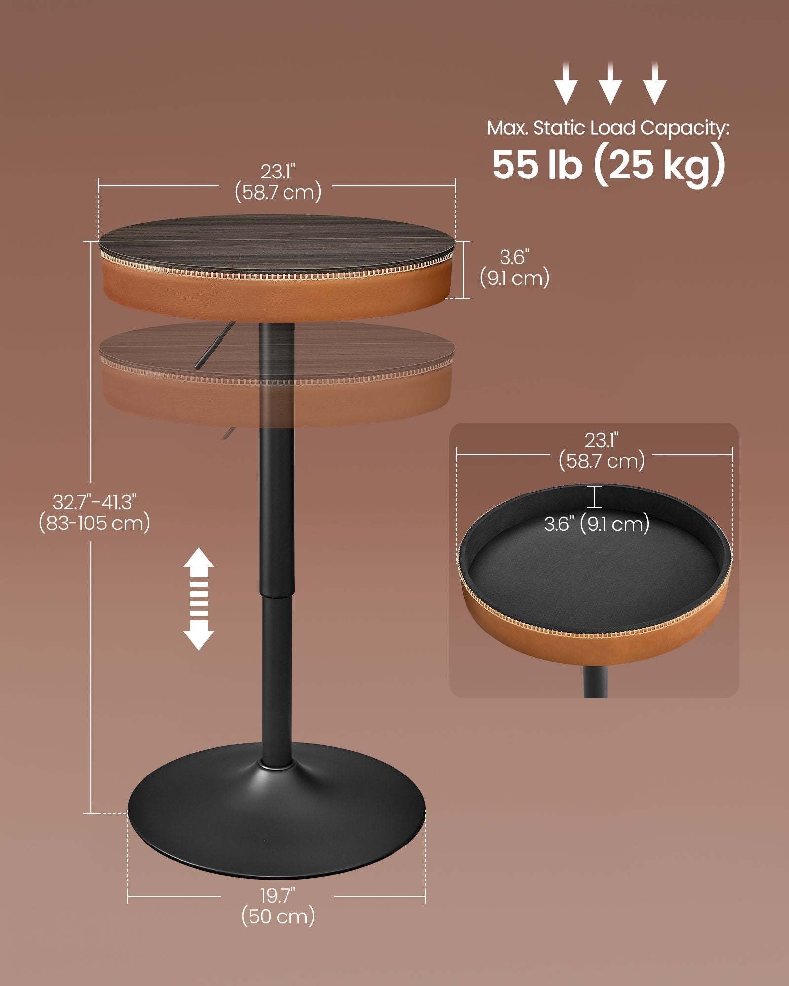 Height Adjustable Bar Table - Synthetic Leather - Ash Brown