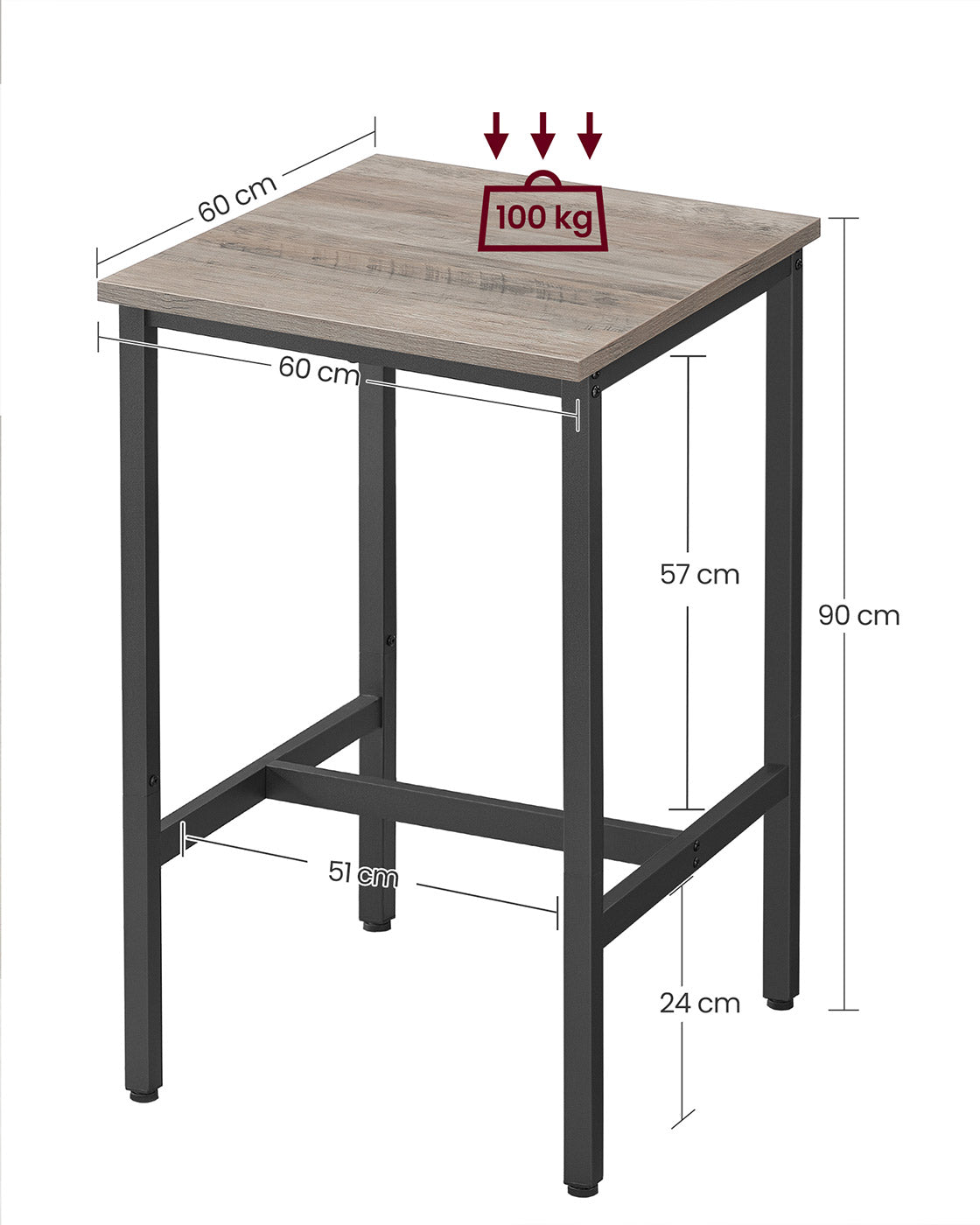 Tall Square Bar Table - Heavy-Duty Steel - Natural Wood