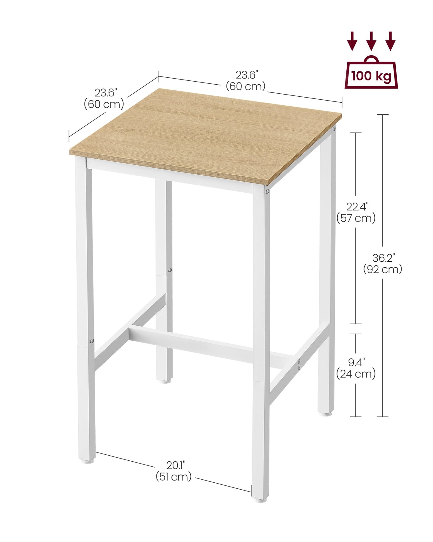 Breakfast Bar Table - Heavy-Duty Steel Frame - Oak and White - Square