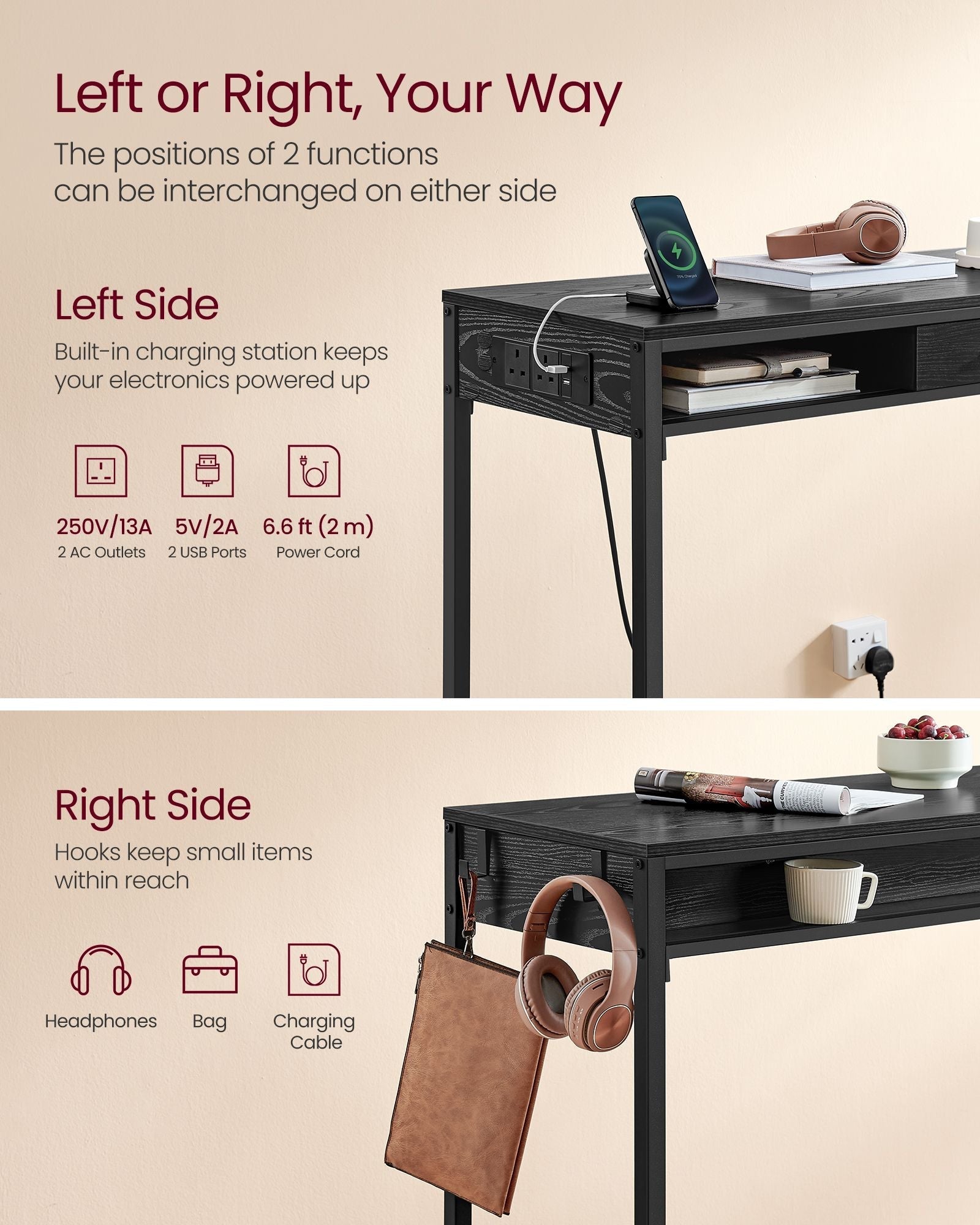 Pub Table - Wood - Ebony Black - With Charging Station and Movable Drawer