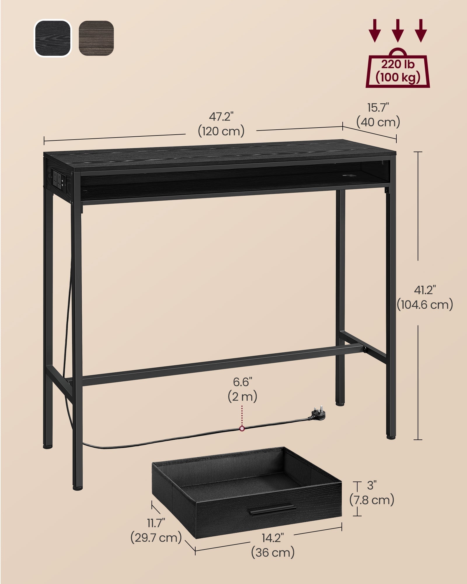 Pub Table - Wood - Ebony Black - With Charging Station and Movable Drawer